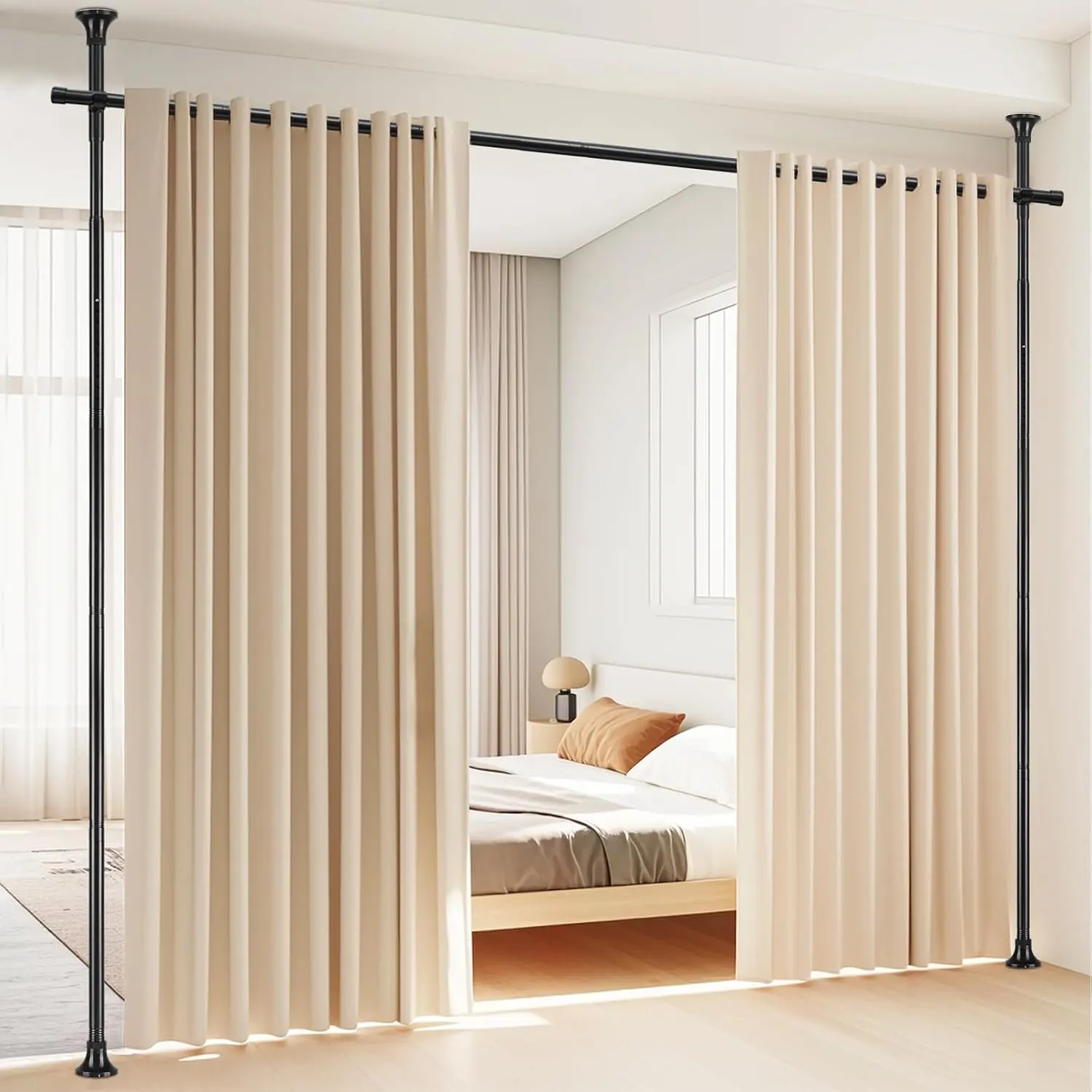 Room Divider, No-Drilling Tension Rod Wall Divider for Partition, 4-10ft H x 28-70in W Heavy-Duty to Ceiling Temporary Privacy Separator, Black Window Hardware