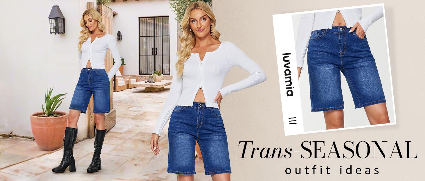 Luvamia Bermuda Jean Shorts for Women High Waisted Stretchy Denim Knee Length Cutoff Loose Fit Long Shorts Womenswear Streetwear Basic 5 Pockets Bottom