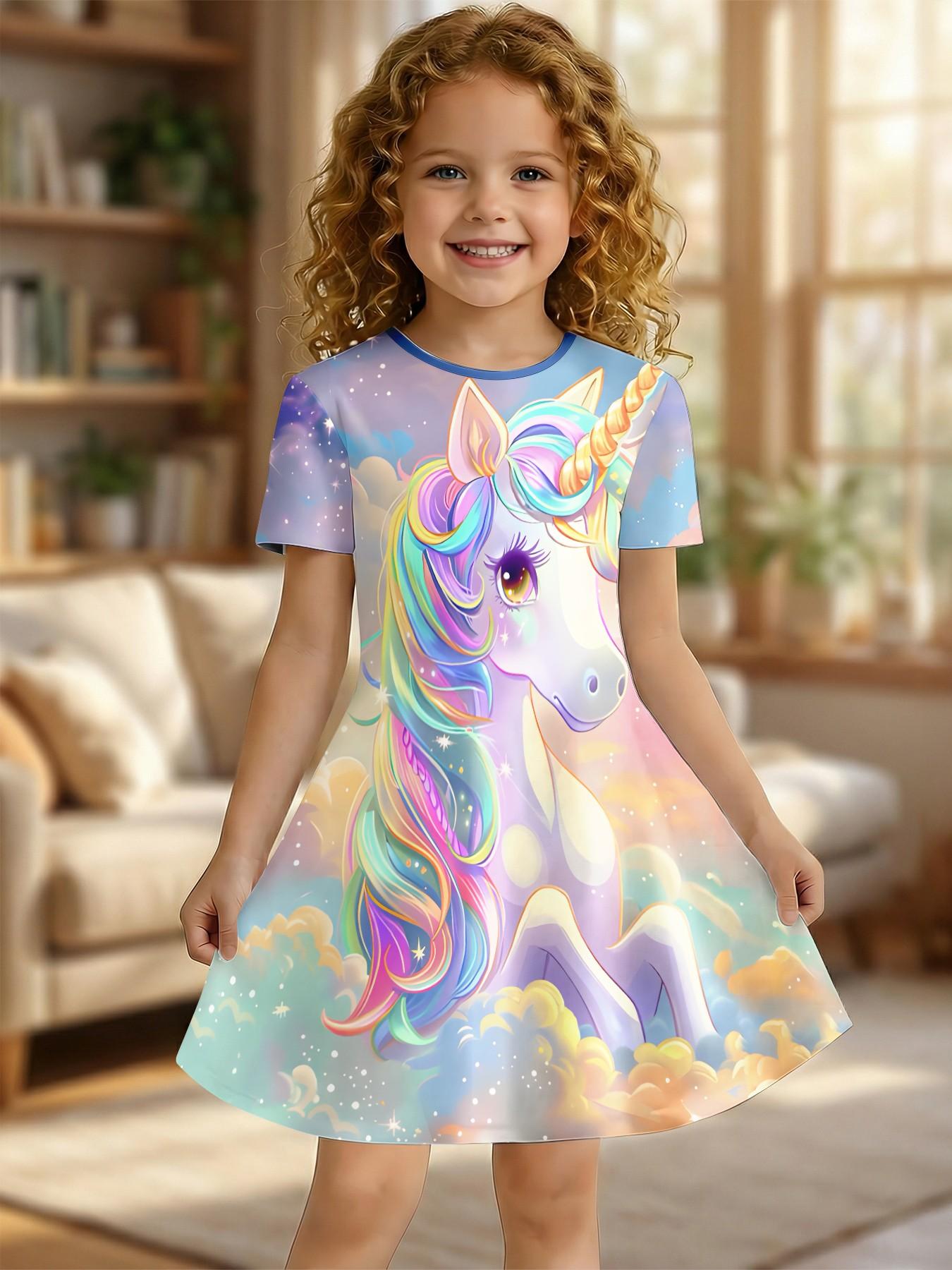 Girls' Rainbow Unicorn Dress, Summer Short Sleeve Cartoon Print, Knee-Length A-Line Princess Dress, Casual Fitted Asymmetrical Design