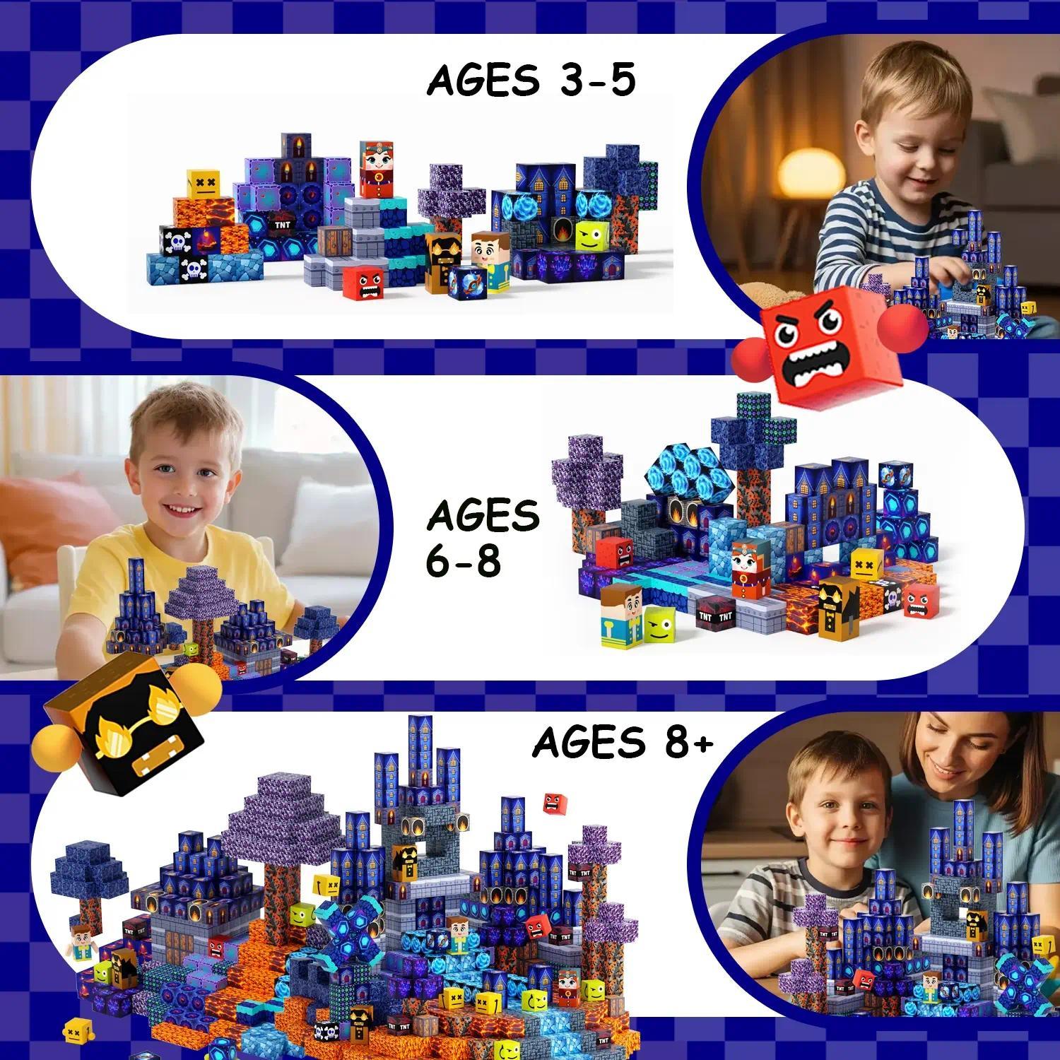 Light Up Magnetic Cubes Building Blocks Set,100/150/200PCS LED Glow Magnetic Construction Tiles,Blue Castle Creative Educational Toys,STEM Montessori Sensory Play Toys,Develop Spatial Thinking Fine Motor Skills,Ideal Party Holiday Preschool Learning Gift