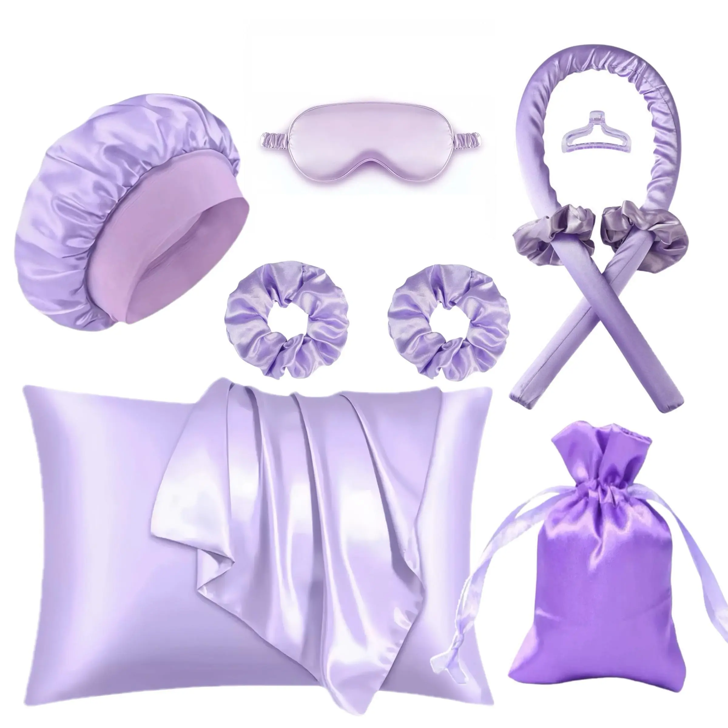 9 Piece Satin Sleep Hair Care Set, Includes Silk Pillowcase, Eye Masks, Bonnet, No Heat Curling Iron Band, Hair Ties, Hair Clip, Storage Bag