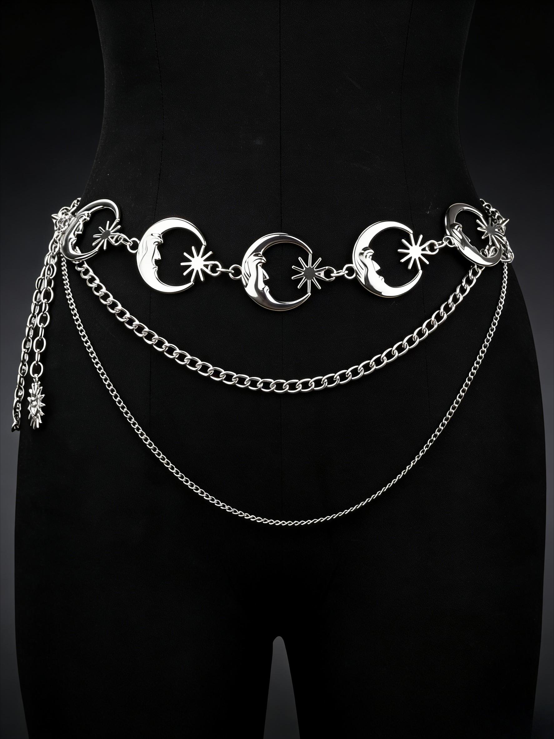 Star moon sun element multi-layer metal waist chain, Y2K Spice Girl style niche design sense body chain, versatile dress waist decorative chain, personalized wear artifact Internet celebrity popular accessories