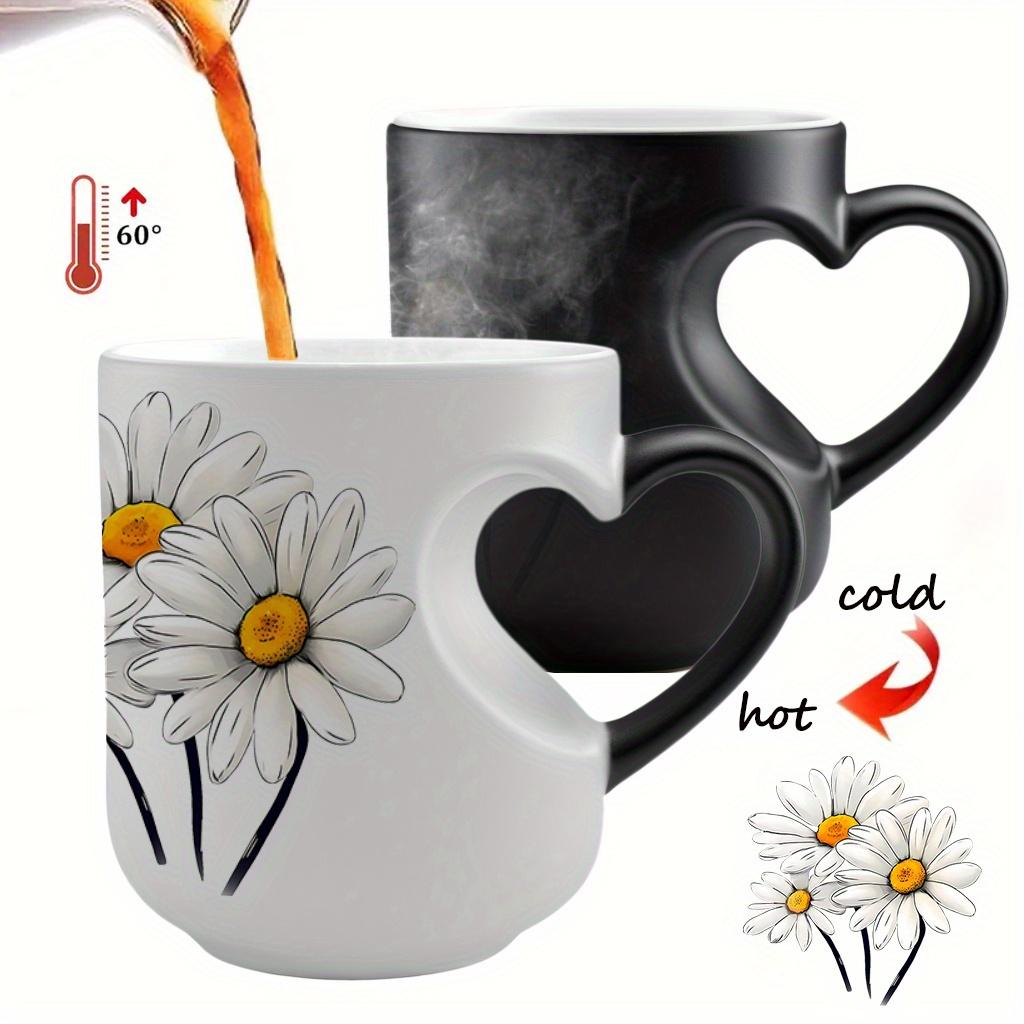 White Daisies Floral Pattern Ceramic Color Changing Mug, Heart Handle, 11 oz/330 ml - Great for Halloween, Christmas, Valentine's Day, Mother's Day and Father's Day Gifts