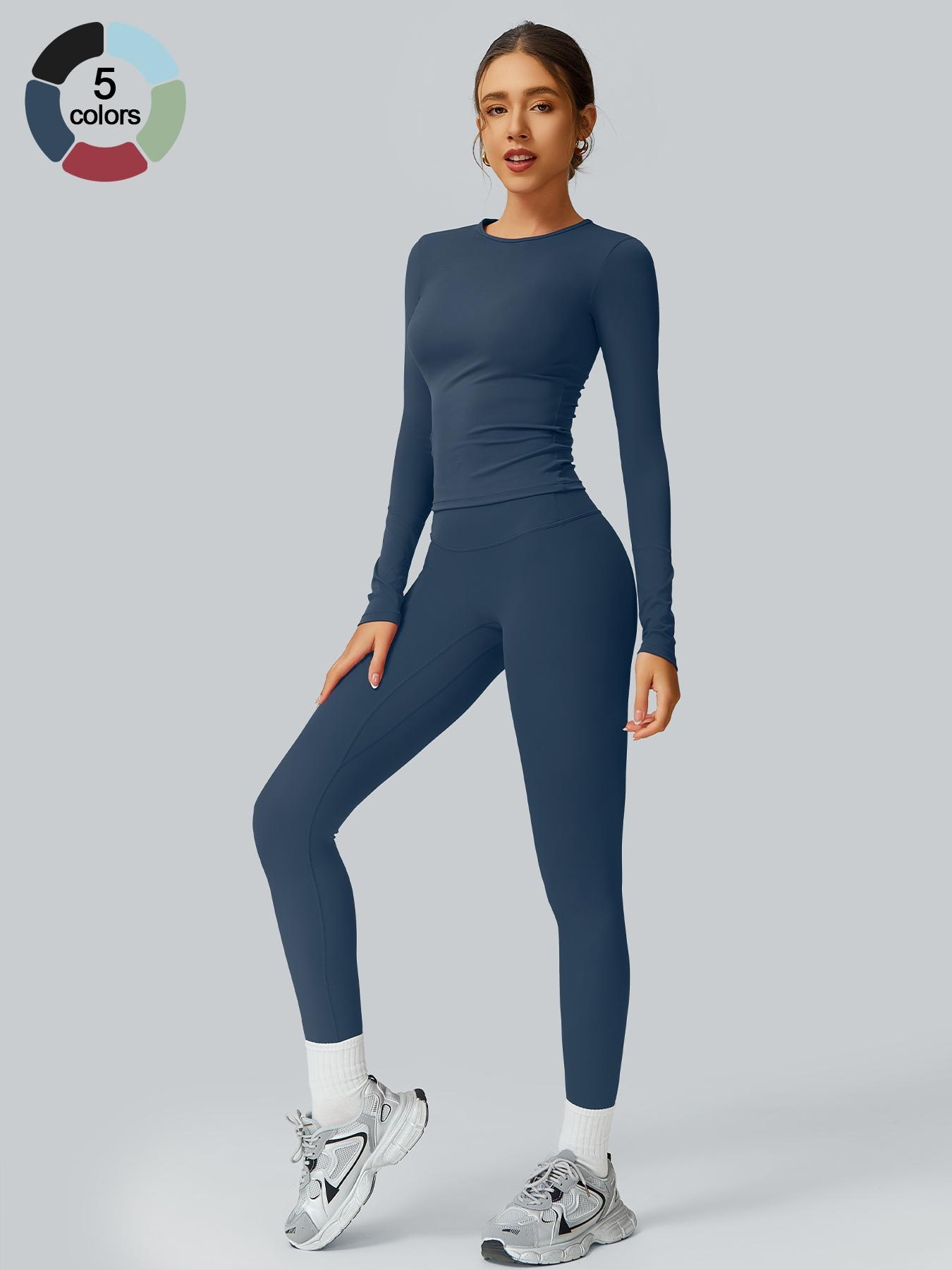 Women's Solid Long Sleeve Tee & High Waist Leggings Tracksuit Set, Sporty Round Neck Top & Skinny Pants Outfits for Gym Workout Running, Ladies Fall & Winter Sportswear, Yoga Tracksuit Set