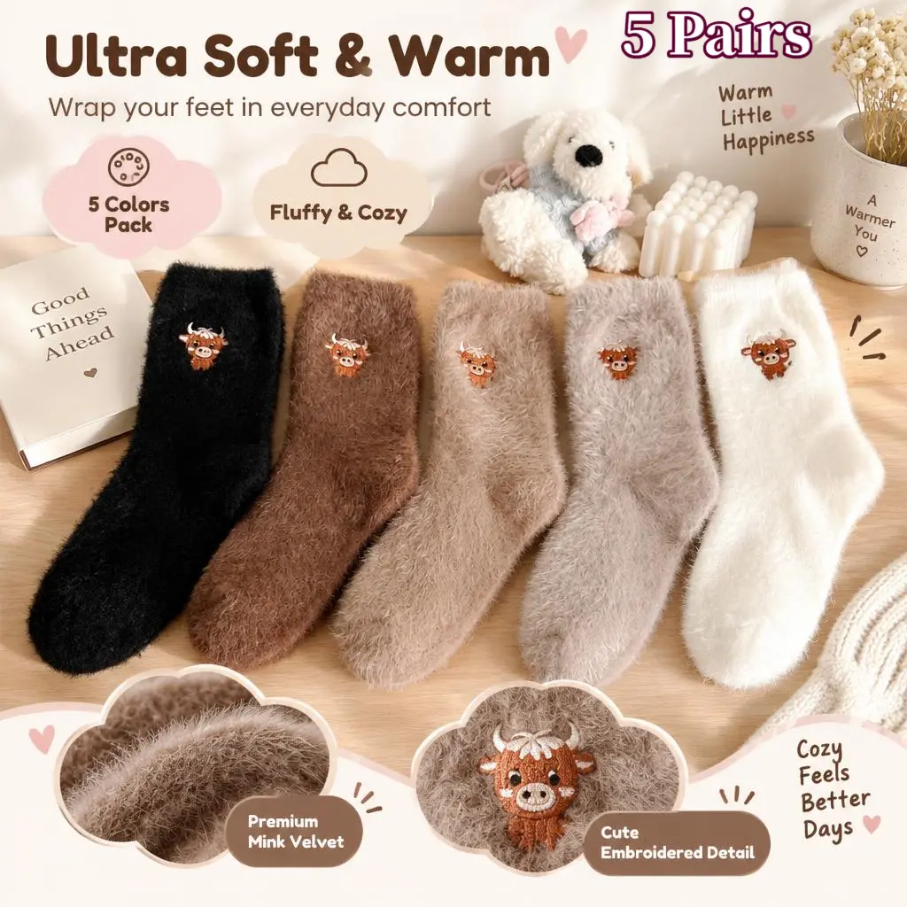 5 Pairs Women Fuzzy Mid Calf Socks, Cute Cartoon Cow Embroidery Plush Warm Socks, Soft Fluffy Cozy Winter Slipper Socks for Home Sleeping & Daily Wear