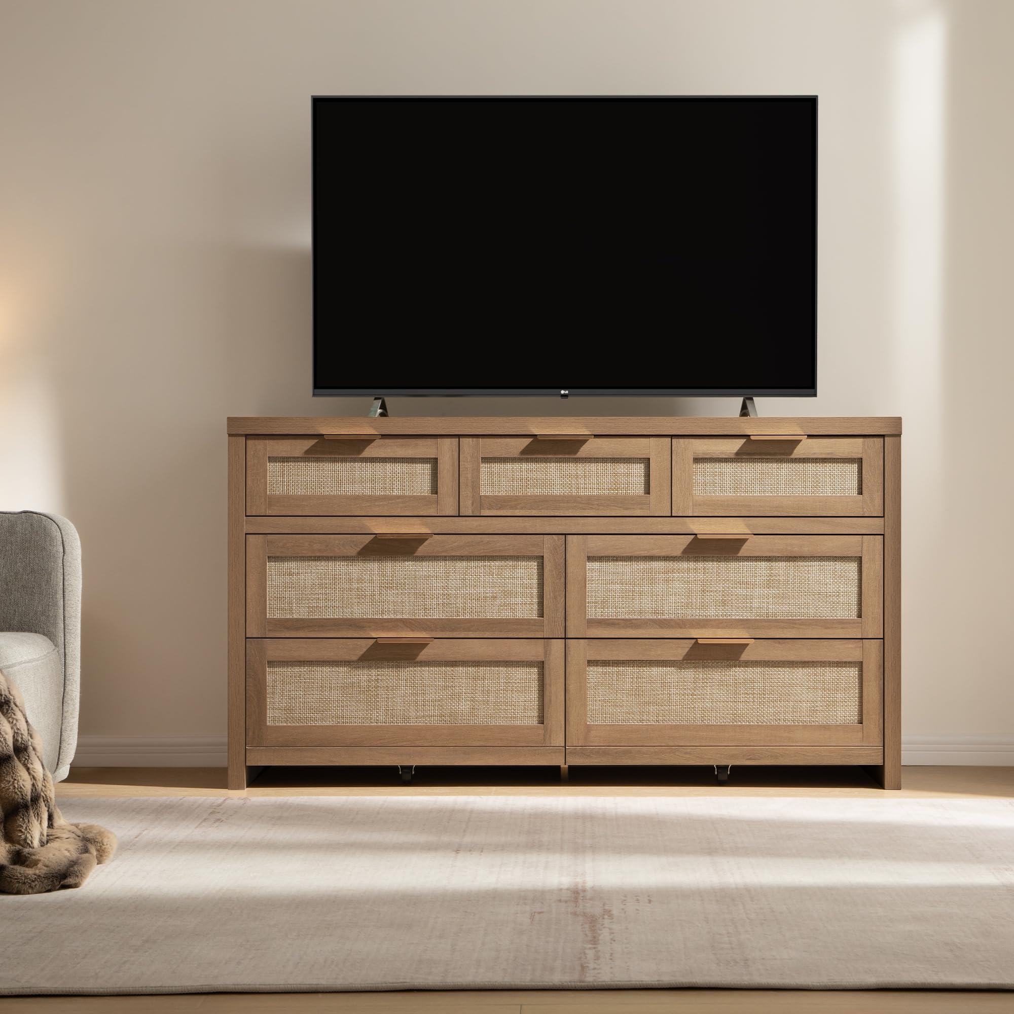 SICOTAS Rattan Dresser for Bedroom, 17.7" x 56.9" x 31.3" Size 6 Drawer Dresser with Ample Storage,Unique Engineered Wood Dressers Large Chest of Drawers for Nursery, Closet, Boho TV Stand for Bedroom, Sturdy and Durable, Easy Installation