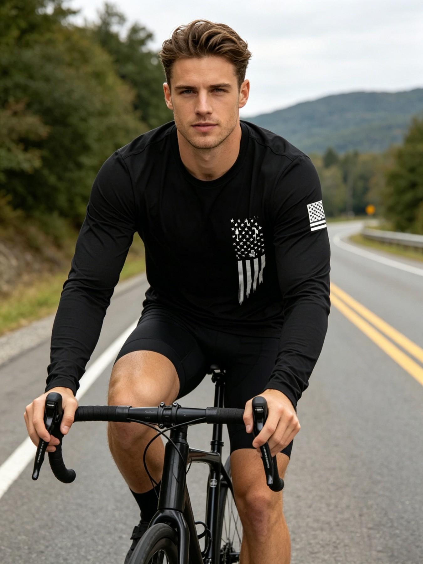 4-Pack Men's Round Neck Long Sleeve Flag Print T-Shirts, Casual Quick Dry Slight Stretch Tops for Gym, Running & Outdoor Activities 4-Pack Men's Round Neck Long Sleeve Flag Print T-Shirts, Casual Quick Dry Slight Stretch Tops for Gym, Running & Outdoor Activities