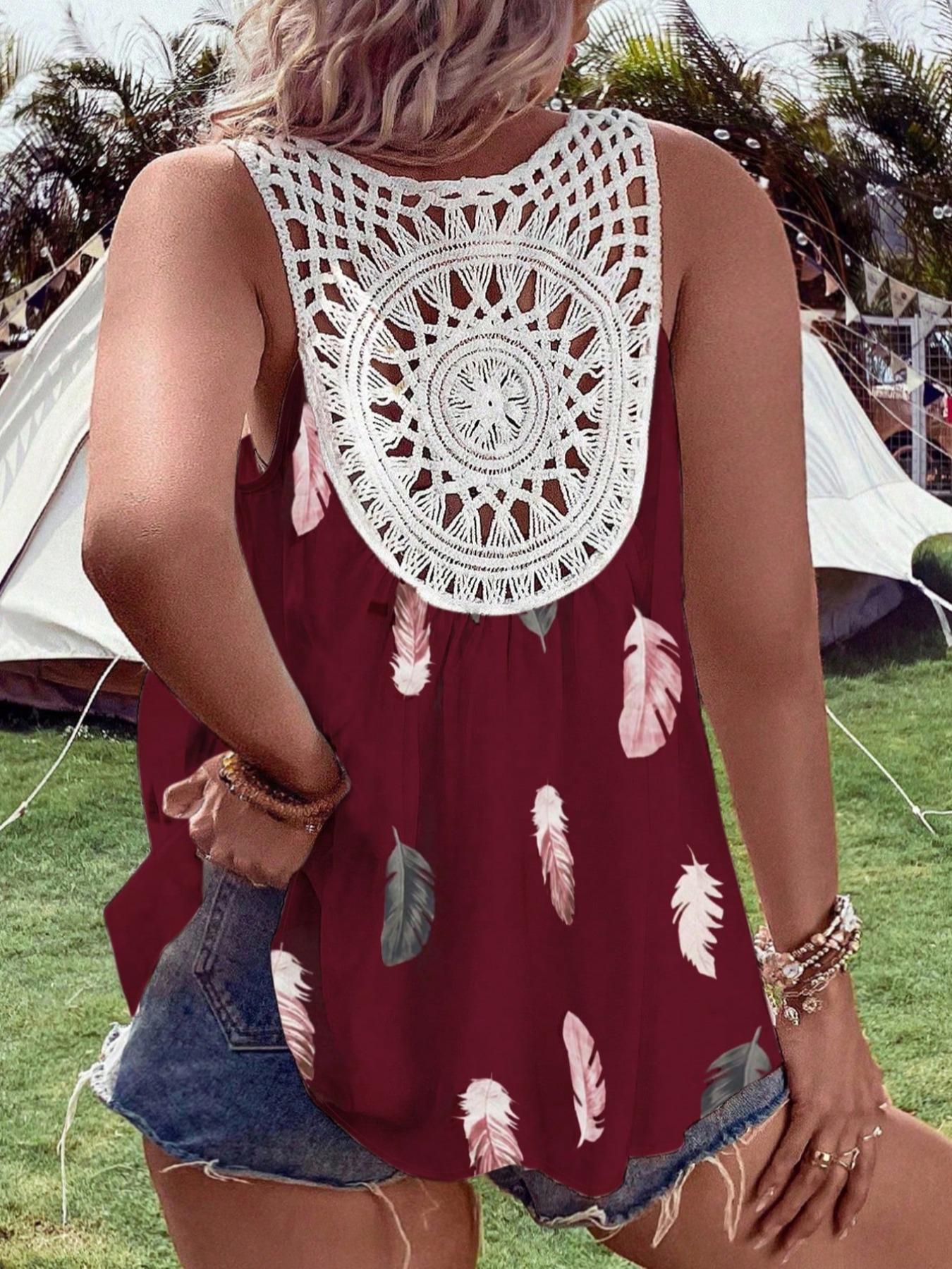 Plus Size Feather Print Hollow Out V Neck Tank Top, Plus Casual Fashion Sleeveless Top for Summer, Women's Plus Clothes for Beach Holiday Vacation Bohemian