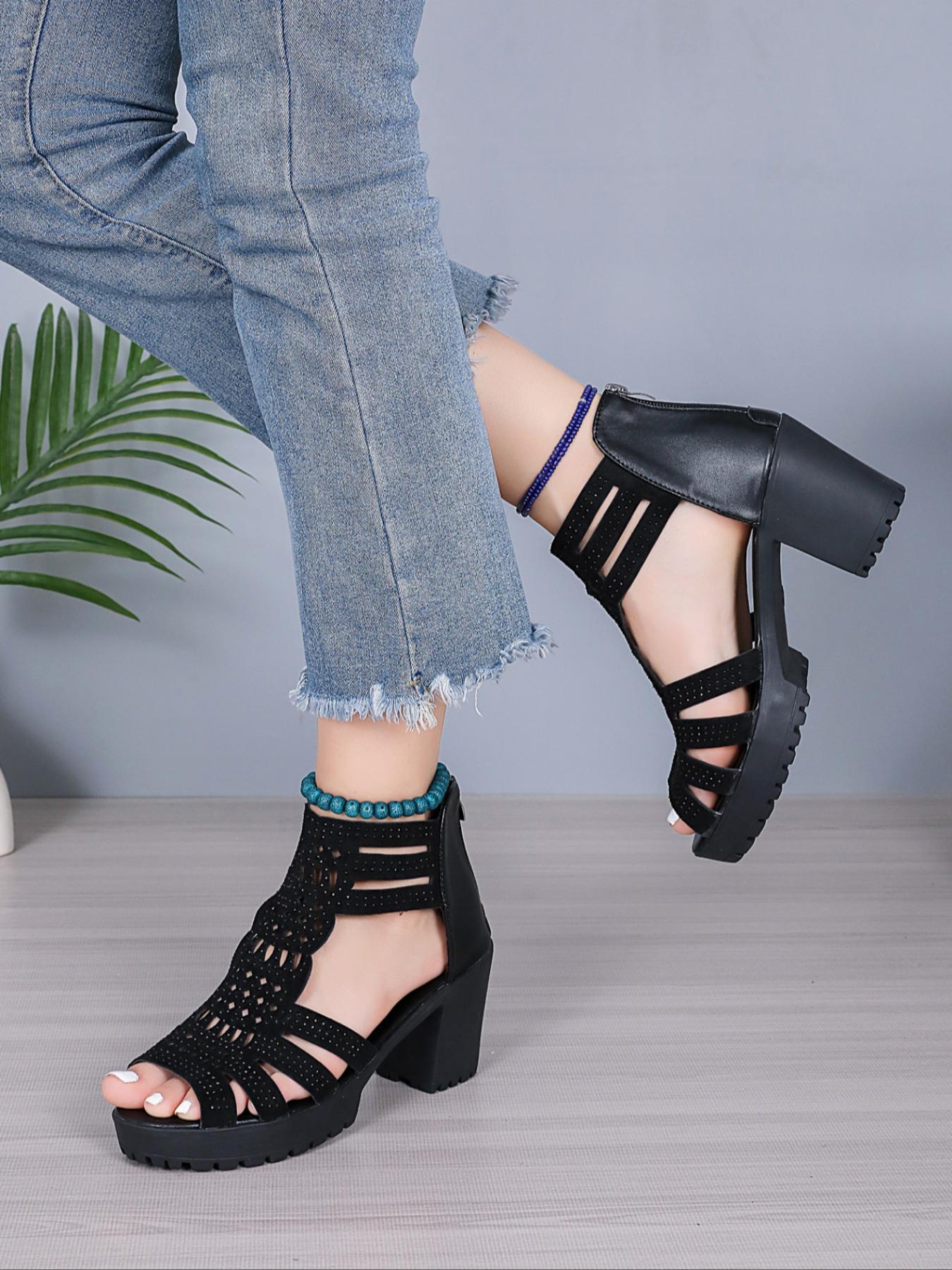 Women's Fashionable Hollow Out Design Chunky Heeled Sandals, High Heeled Sandals, Casual Comfortable Sandals for Daily Wear, Trendy All-match Shoes for Daily Wear, Girl