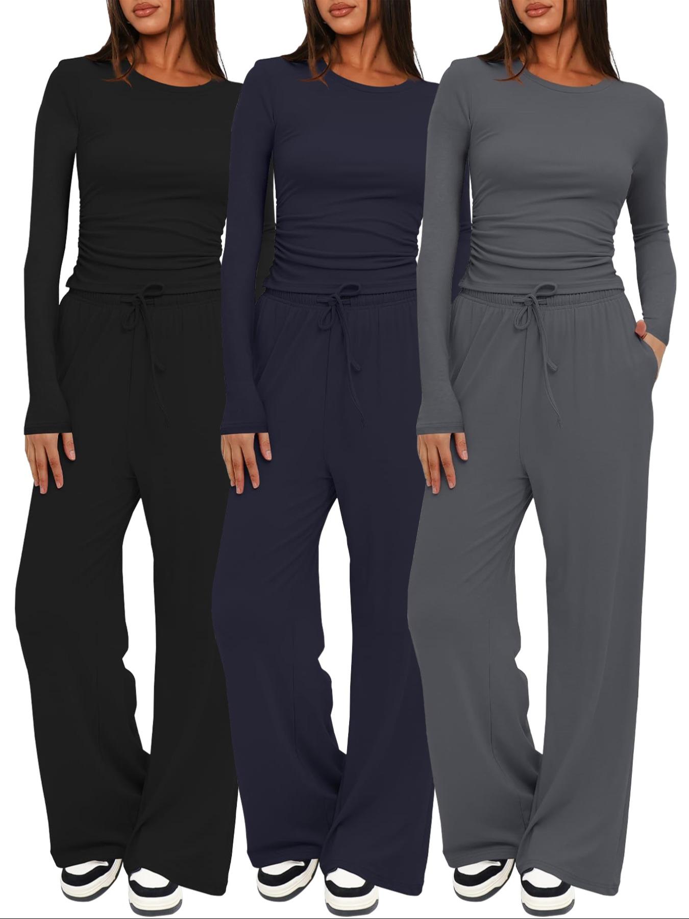 Women's 2-Piece/6-Piece Plain Slim-Fit Long Sleeve Top Pants Sleepwear Set, Pajama Set, Soft Comfortable Homeewear, Home Leisure Wear, Casual Yoga Wear, Loungewear, Loungewear Nightwear Set