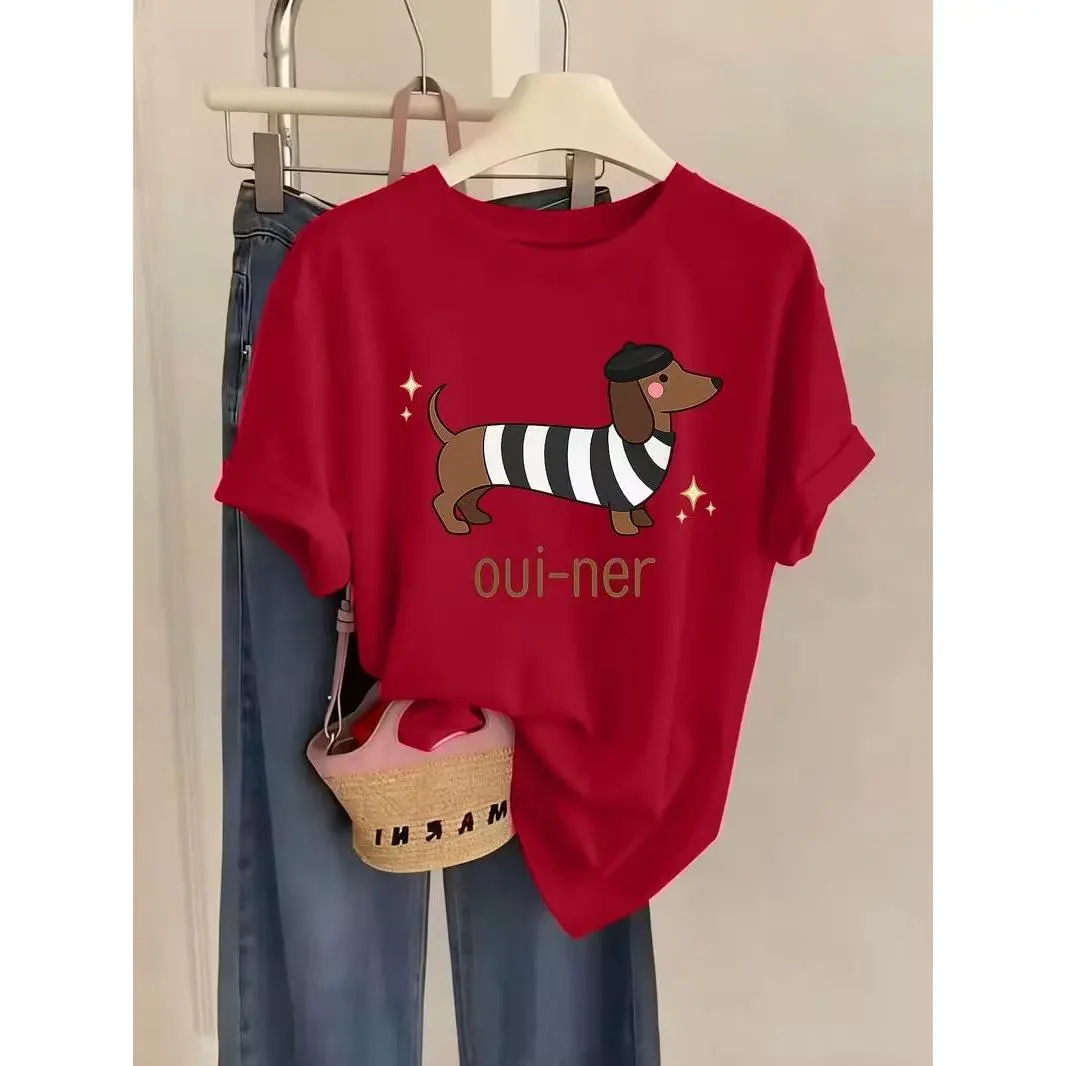 Cute French Beret Dachshund Graphic T-Shirt Striped Wiener Dog Casual Women Short Sleeve Tee The Trendy Print and the Comfortable Round Neck Are Combined