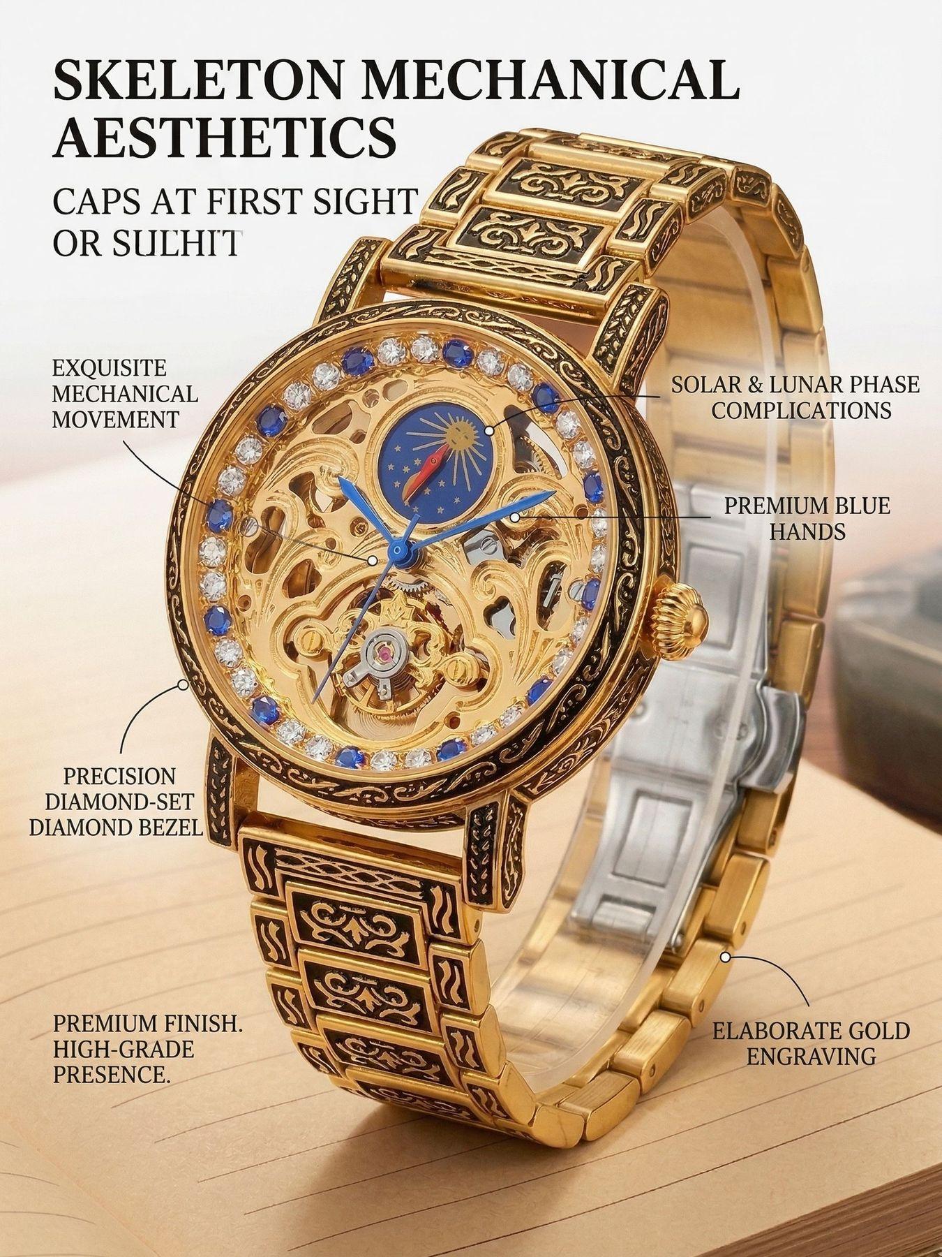A men's luxurious gold openwork vintage engraved moon-phase large dial trend-forward and fashionable fully automatic mechanical wristwatch