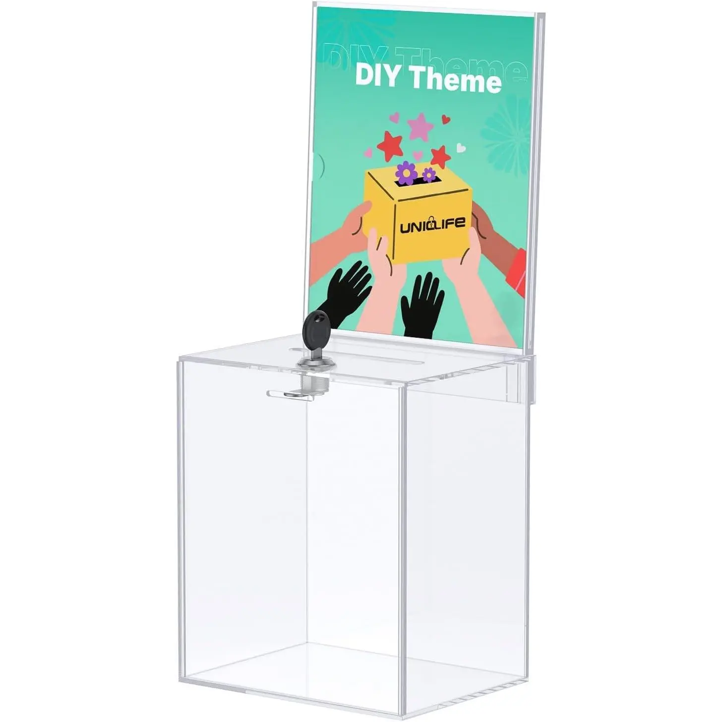 Tall Acrylic Donation Box for Fundraising, Clear Suggestion Box with Slot and Lock, Ballot Boxs with Sign Holder, Plastic Storage Container for Voting Charity Tip Collection, 6.7" x 5" x 8"