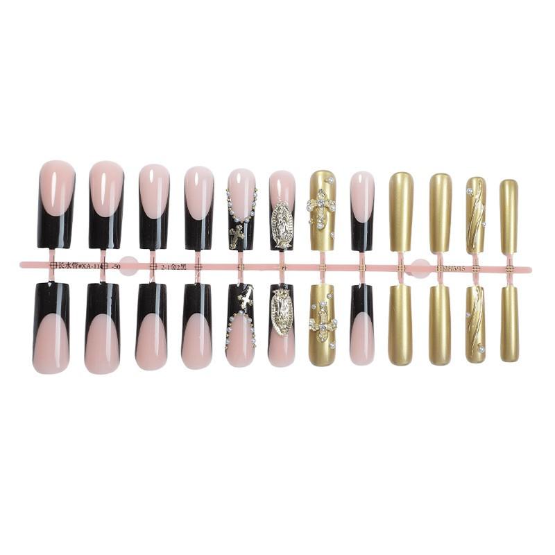 Gothic Gold Metal Press On Nails, Black & Gold French Tip with Virgin Mary Metal Cross Charms, Egyptian Royal Desert Style, Edgy Long Coffin Removable False Nails with Jelly Glue and Nail File