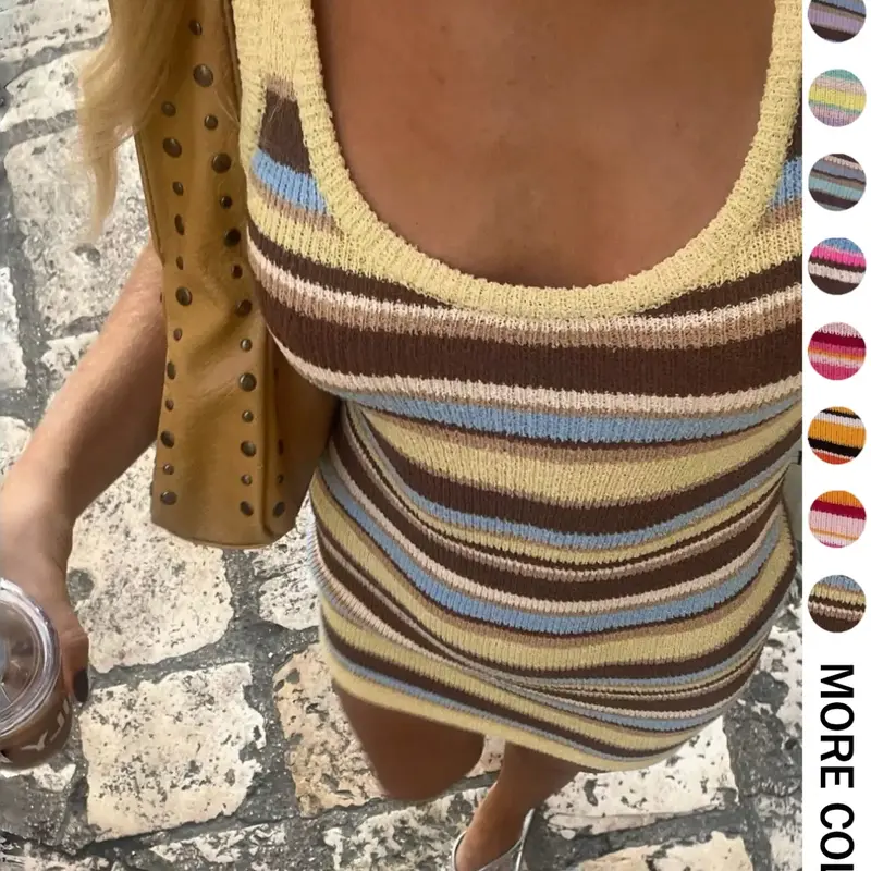 Summer Women's Slimming Sexy Colorblock Striped Knit Dress, Casual Fashion Long Sleeve Round Neck Design, Perfect for Daily Wear, Womenswear, Bodycon Fit Striped Dress, Bodycon Fitted