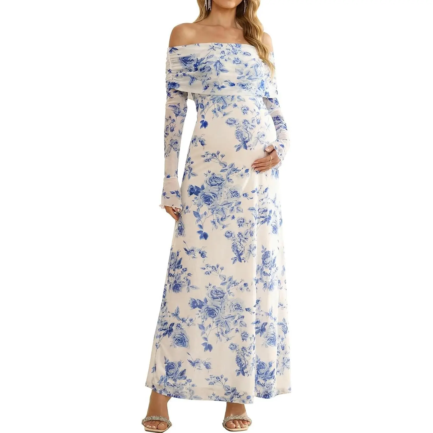 Strecth Floral Maternity Pregnancy Baby Shower Photoshoot Dress | Off Shoulder, Long Sleeve, Elegant Dresses for Wedding Guest, Mom to Be