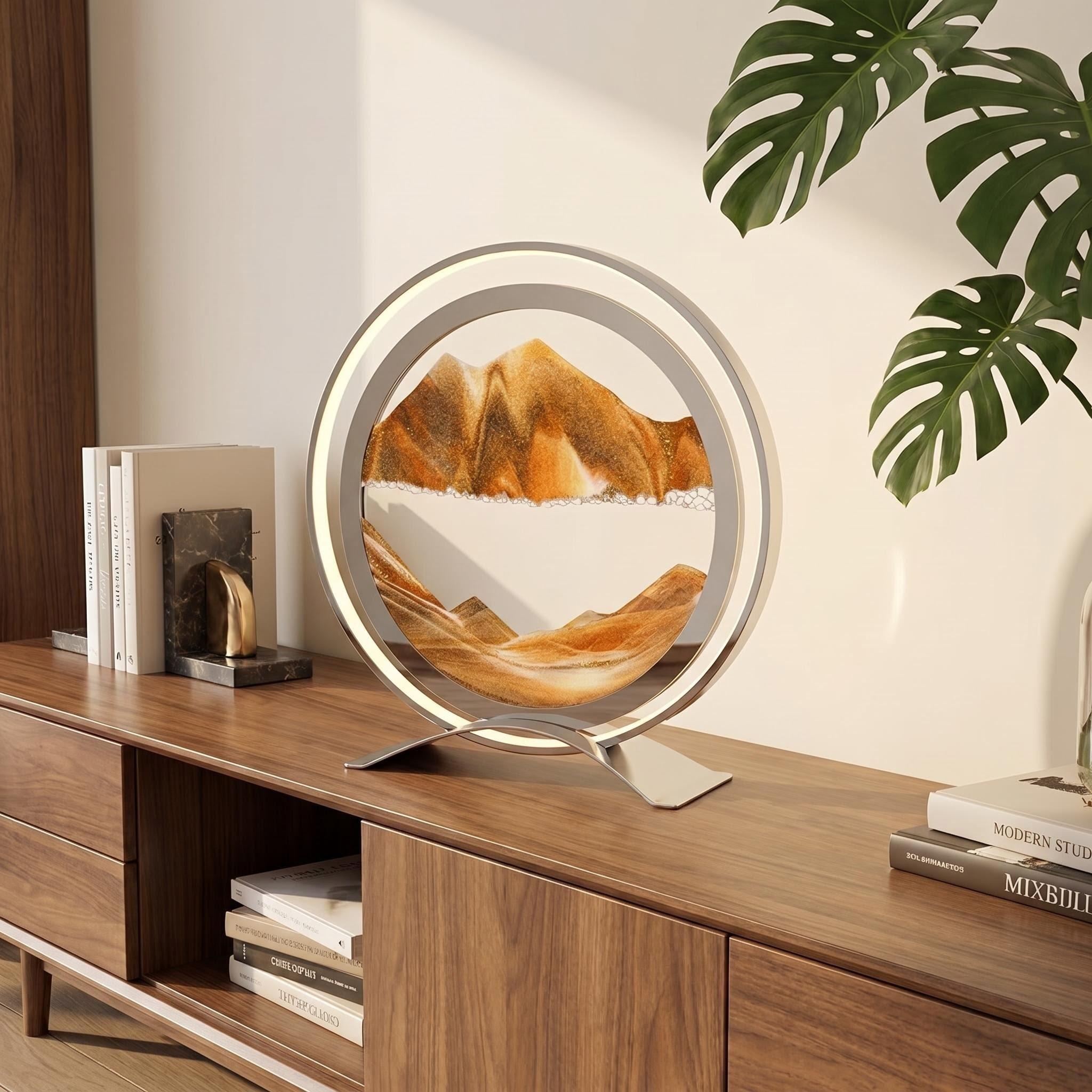 Luxury Dual-Layer Round Ring Fluid Sand Art Decor, Modern Home Decor, Decorative Ornaments, Office Home Stress Relief Landscape Desk Ornament, Desktop Decoration Ornament, Elevate Desktop Aesthetic Secret