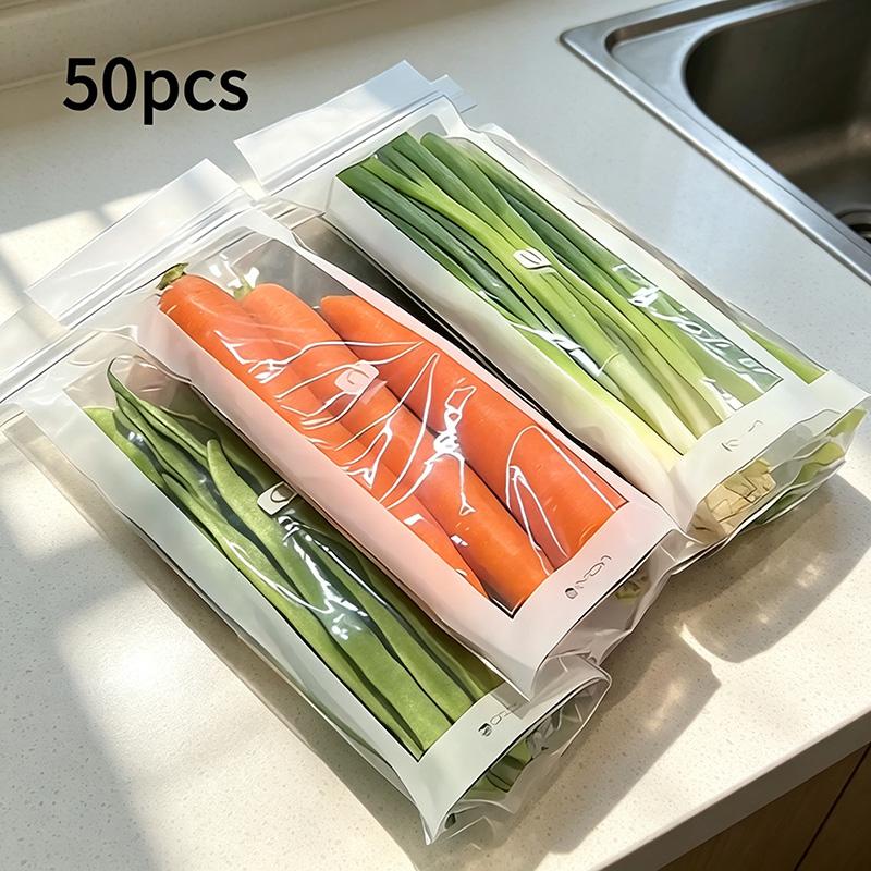 50pcs Grade PE Plastic Long Strip Storage Bags with Snap Buttons - Airtight Seal Kitchen Preserving Containers, Disposable Durable Transparent, Space-Saving for Refrigerator Fruits, Meat