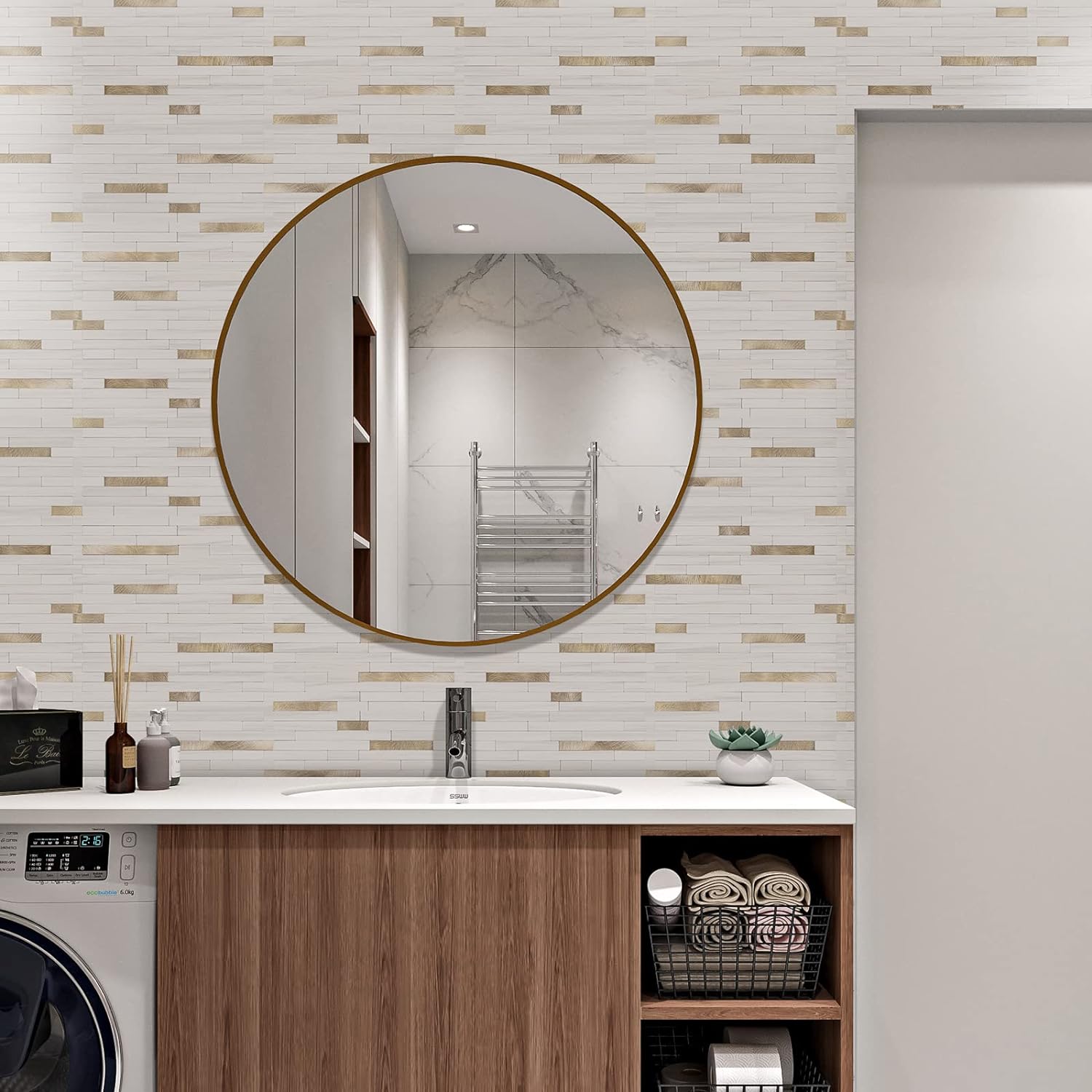 STICKGOO 20 Sheets Peel and Stick Backsplash Tile, Stick on Backsplash for Kitchen and Bathroom, Sunny Beige Look PVC Mixed Metal Gold Self Adhesive Wall Tiles Home Modern