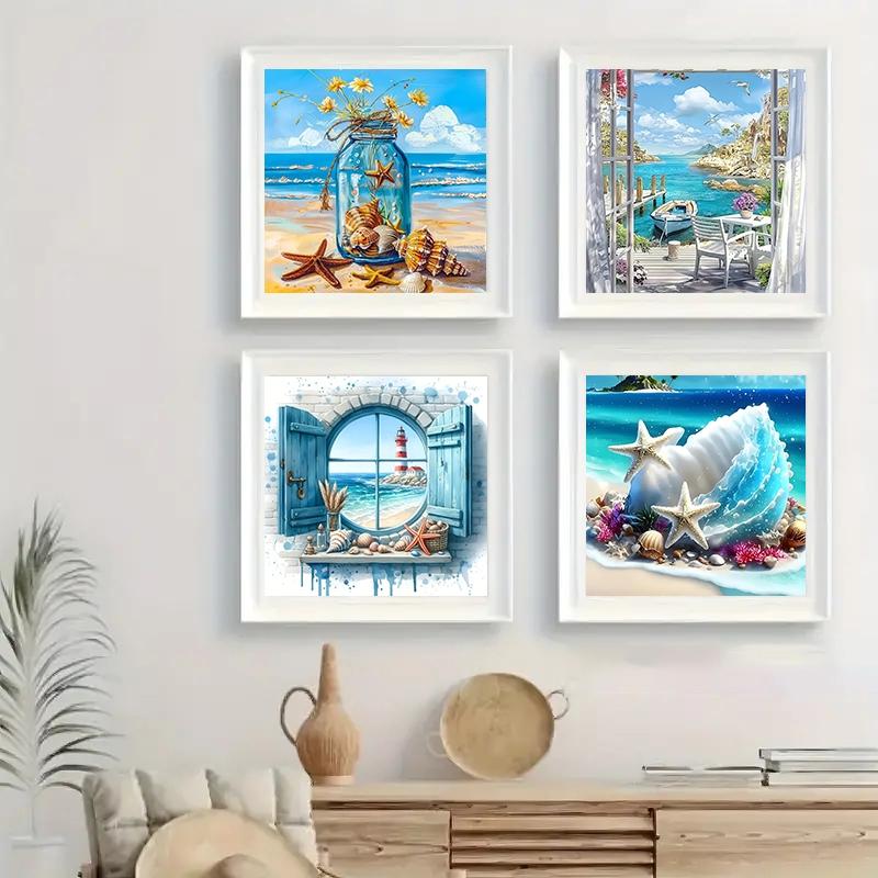 4pcs Beautiful Beach Landscape Diamond Painting Kit, Adult Art Craft Set, DIY 5D Round Drill Home Wall Decor, No Frame, Needle Crafts Kit