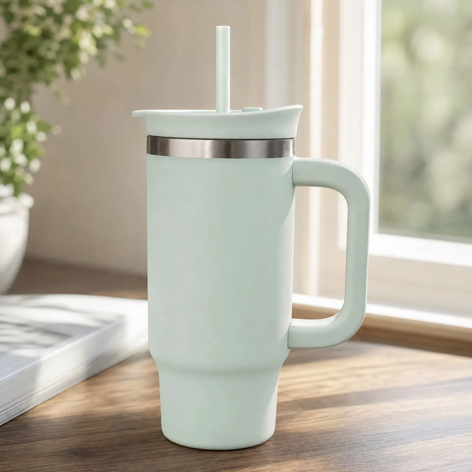 30oz Insulated Stainless Steel Tumbler with Handle and Straw, Vacuum Double Wall Travel Mug for Hot & Cold Drinks, Leak Resistant BPA-Free Lid, Cup Holder Friendly, Pastel GreenGift