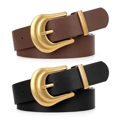 JASGOOD Women's Western Belt Vintage Black Leather Waist Belt with Gold Buckle for Pants Jeans