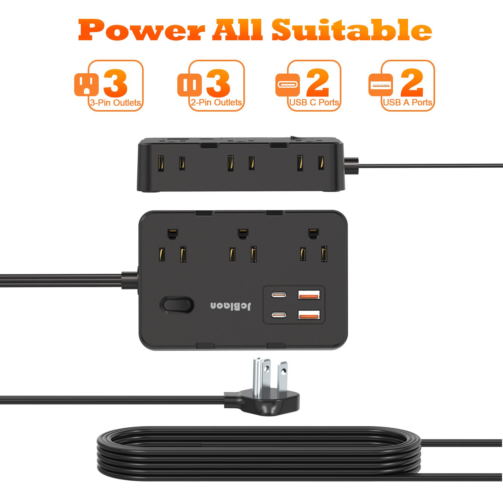 6-Outlet Power Strip with 4 USB Ports (2 USB-C), 5FT Flat Cord, 45° Angled Plug, Ultra Thin 0.14in, Overload Protection for Home Office