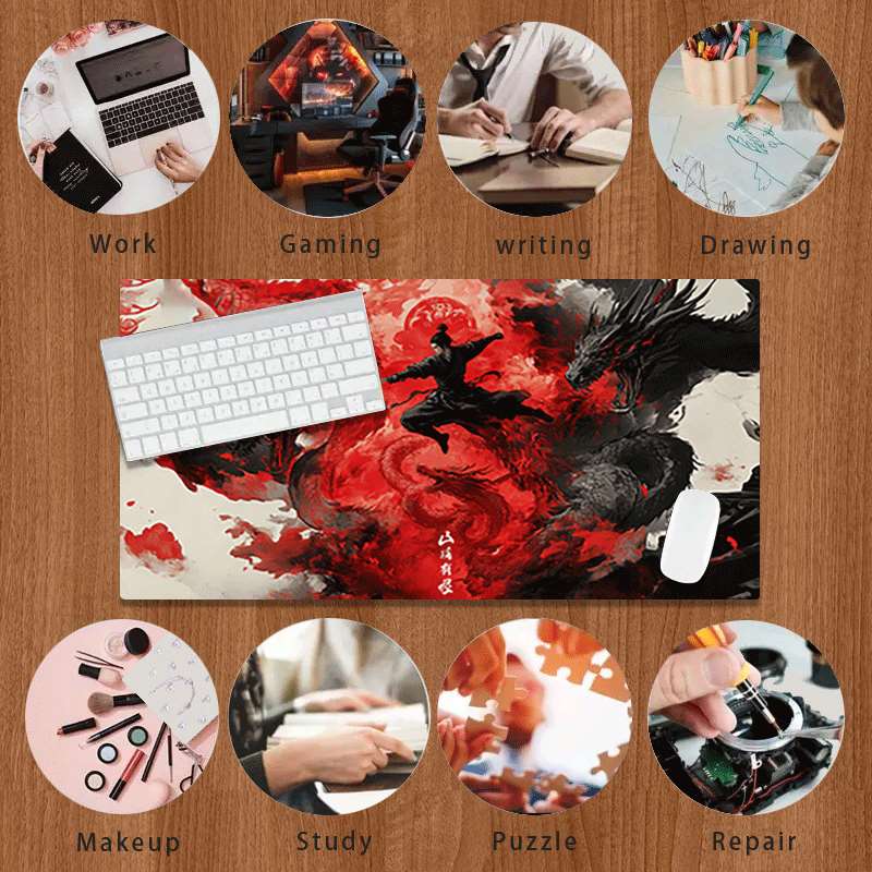 Durable Large Anti-Slip Rubber Mouse Pad, Dragon Water Ink Design, Gaming Office Multi-Functional Keyboard Mat, Perfect Holiday Gift