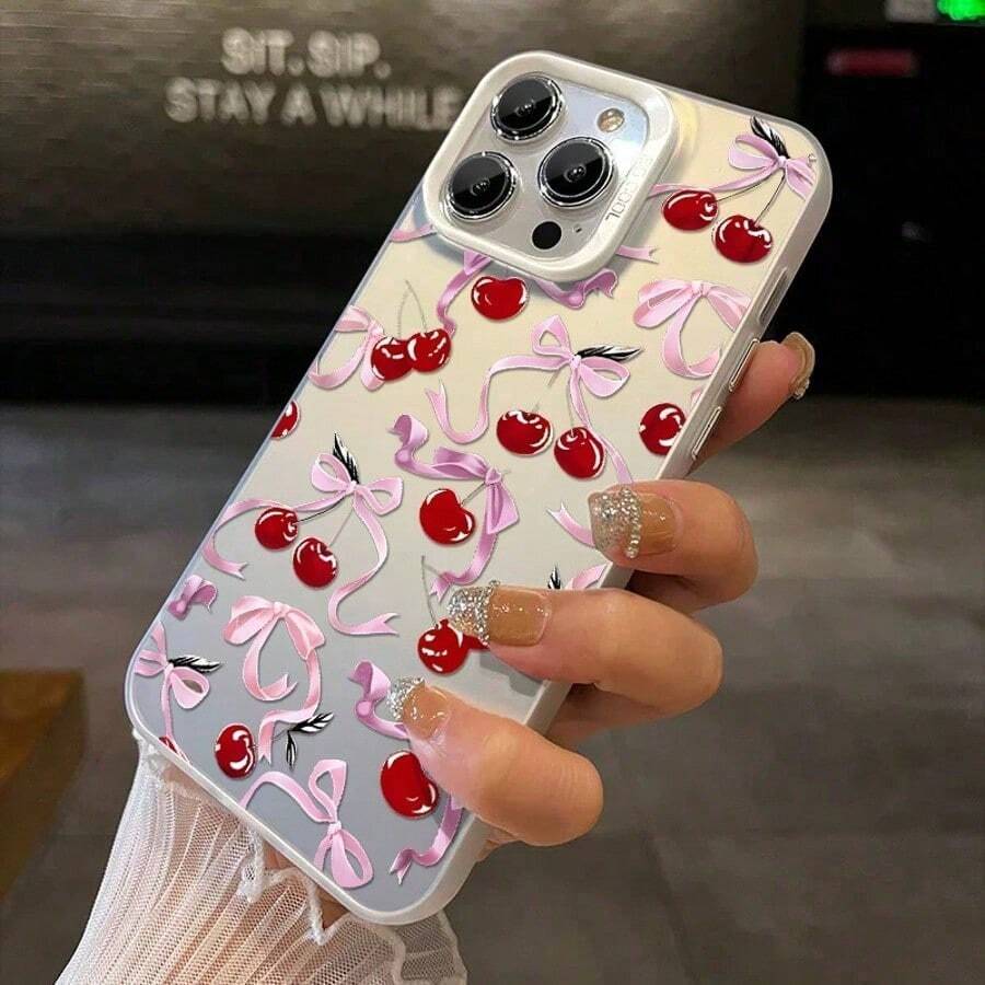 1pc Full Screen Pink Bow Red Cherry Compatible For Phone17/16/15/14/13/12/11/8/ 7ProMax/Pro/Plus/Xs Max/XS/X,For Compatible With Colored Simple  Fall Prevention Anti-Shock, Anti-Slip, Anti Drop, Camera Lens Protection, Silicone Anti Wear Phone Case ﻿