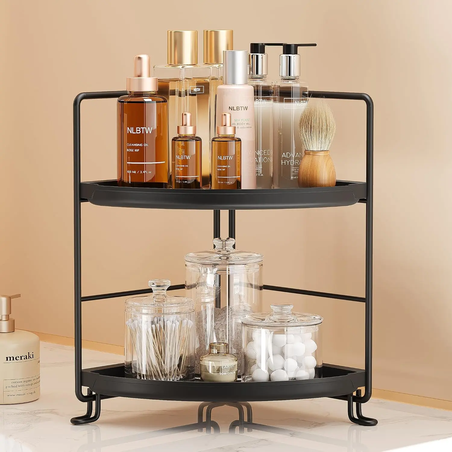 NLBTW 2-Tier Corner Bathroom Countertop Organizer, Tool-Less Installation Vanity Tray with 6.7x6.7x11" Corner Shelves for Skincare, Black Plastic Small Storage Holder, Minimalist