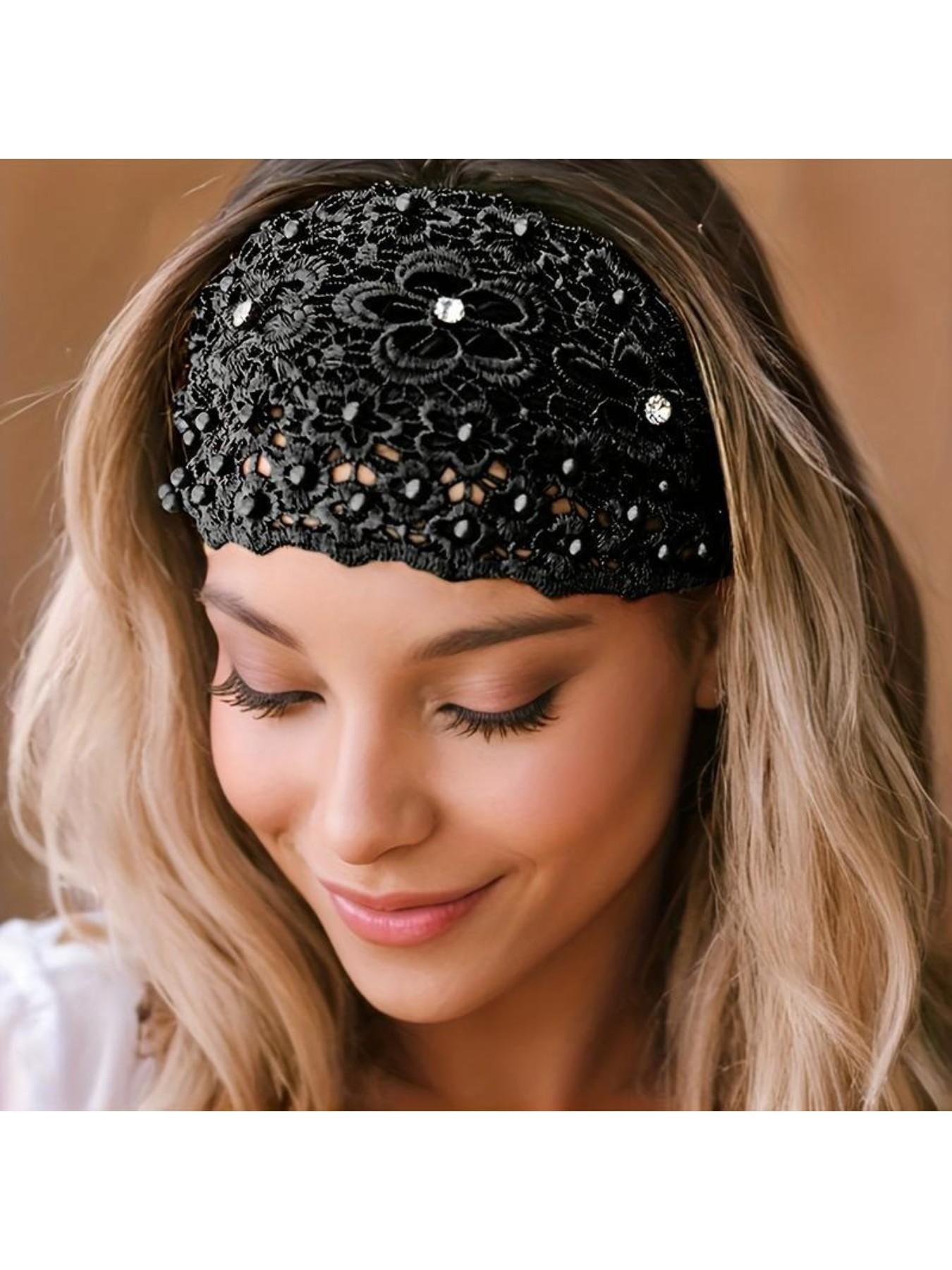 Elegant Lace Flower Headband Set, 3 Pcs Hollow Beaded Plum Blossom Hair Bands, Wide Strap Safety Hair Accessories for Women