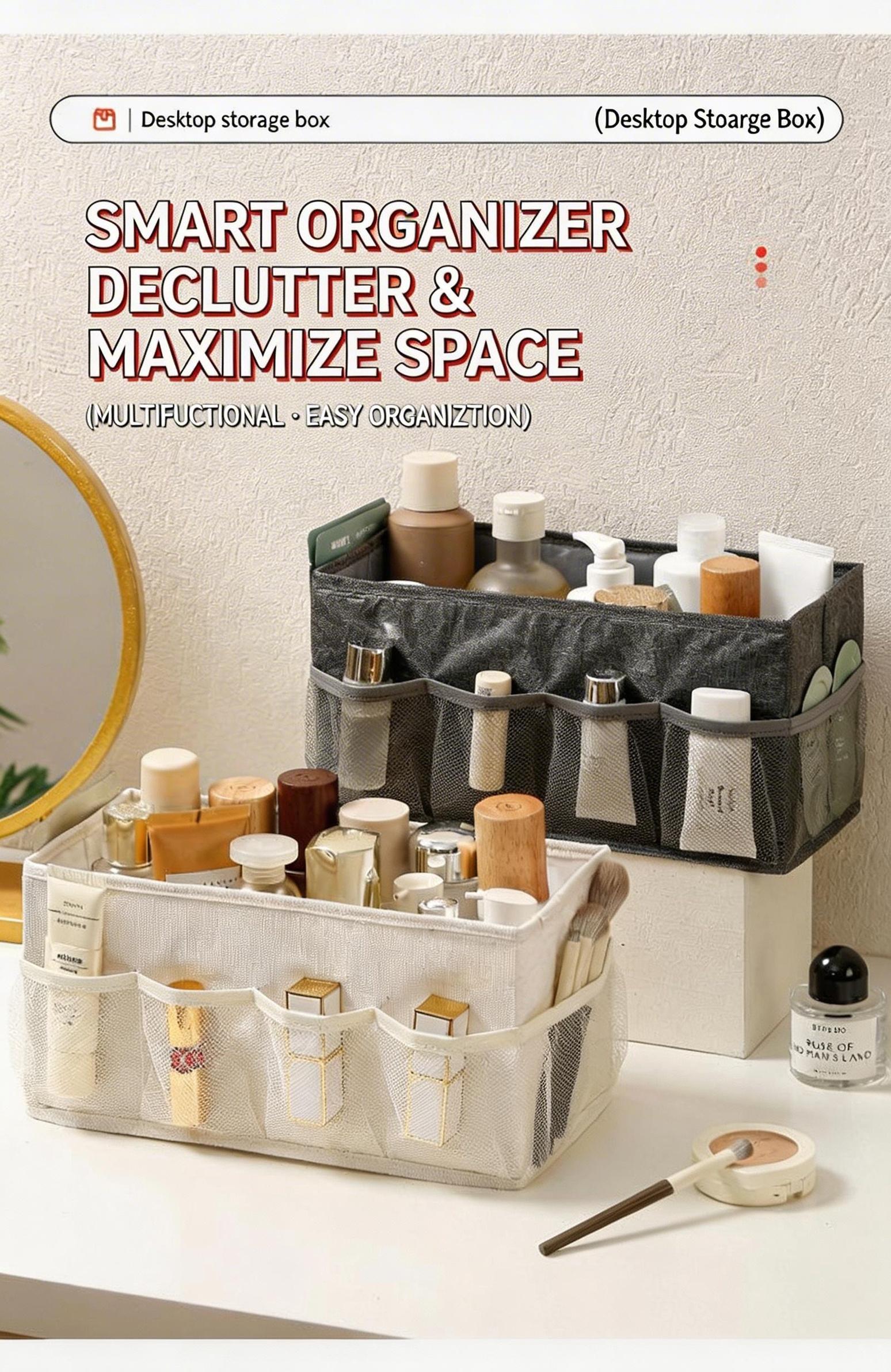 Cationic Desktop Organizer Box, Foldable Mesh Storage Bin for Cosmetics Jewelry, Solid Color Makeup Holder, Multi-Purpose Desk Tidy for Home Office