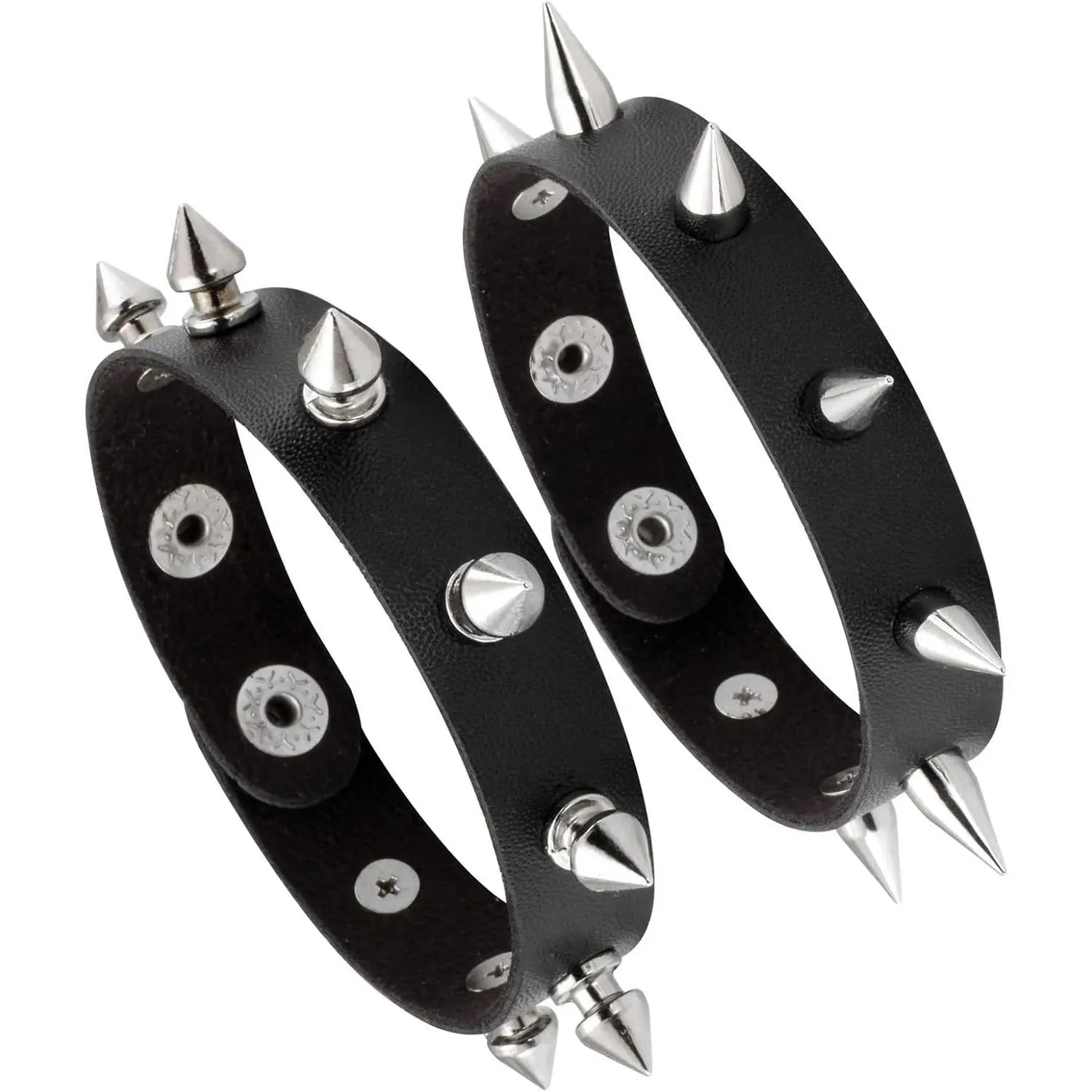 Punk Leather Bracelet for Men Women - 2 Pack Adjustable Spike Cuff Wristband with Snap Button