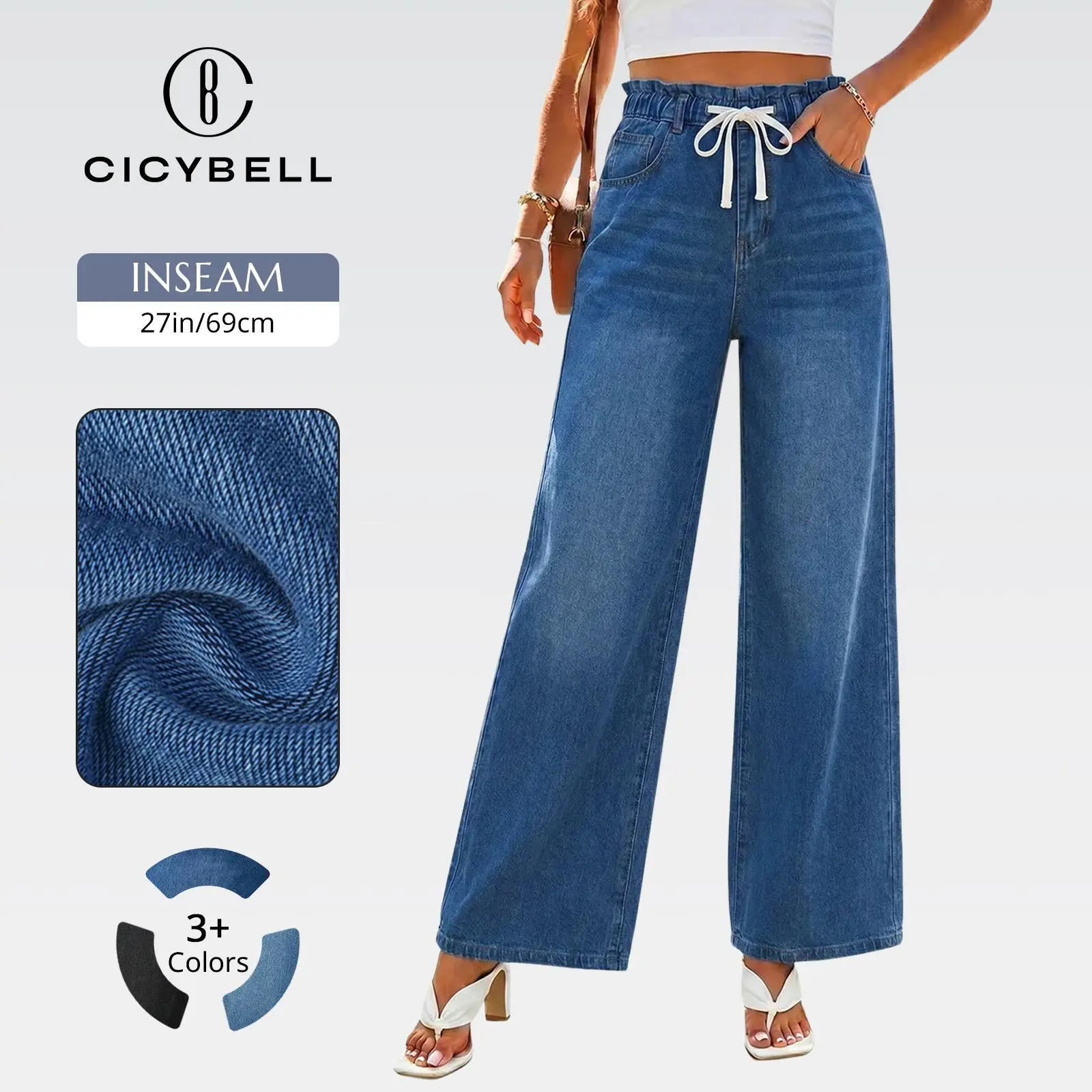 Cicy Bell Womens Baggy Wide Leg Jeans Drawstring Elastic High Waisted Trendy Stretchy Denim Pants