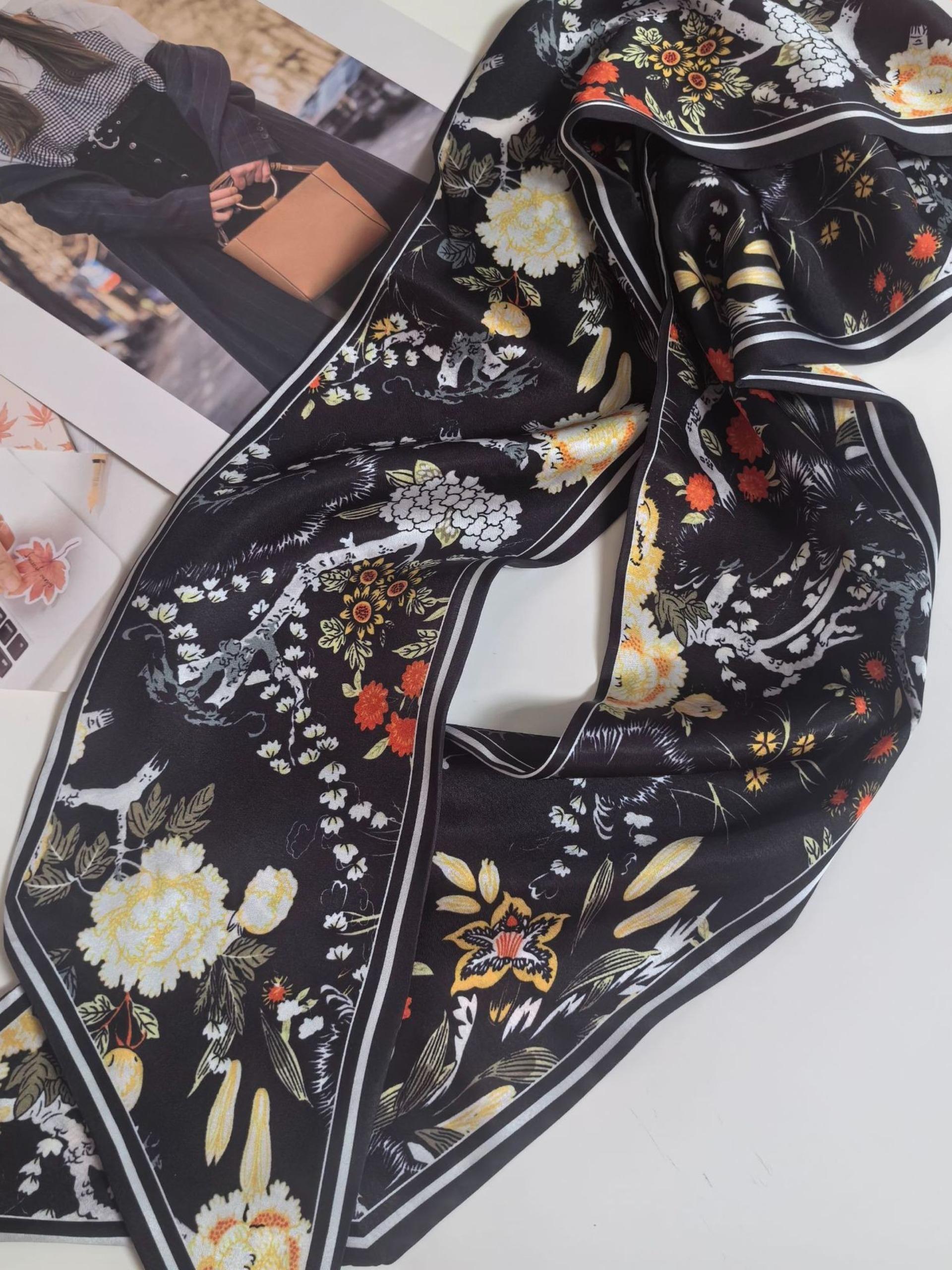 Women's Reversible Silk Scarf, Long Strip Necktie, Dual-Sided Floral Print, Versatile Fashion Accessory, All Seasons Boho Style