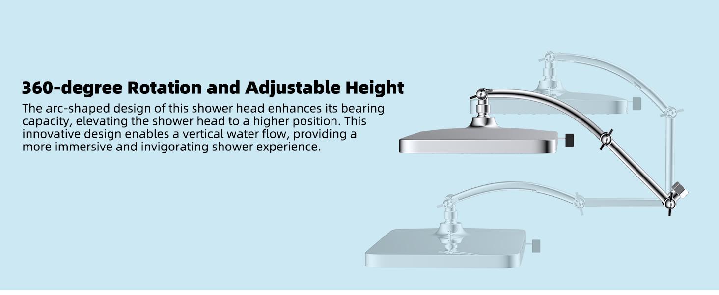 Hibbent Rain Shower Head, 13'' High Pressure Rainfall Square 5 Spray Mode Showerhead with 16" Shower Head Extension Arm, Solid Brass Adjustable Shower Arm Extender, Waterfall fixed Showerheads, Chrome