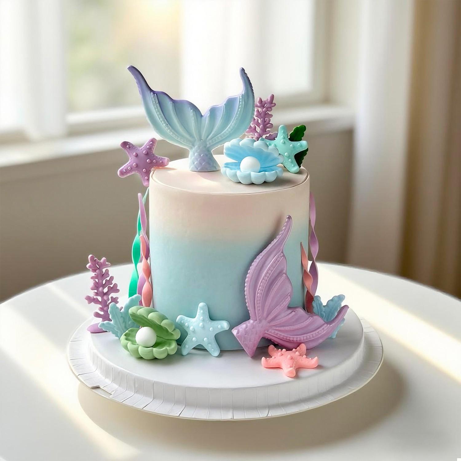 Mermaid Tail Ocean Cake Decoration Set, Trendy Underwater World Cake Toppers, Ocean Theme Kids Birthday Baking Decorations, Complete Kit