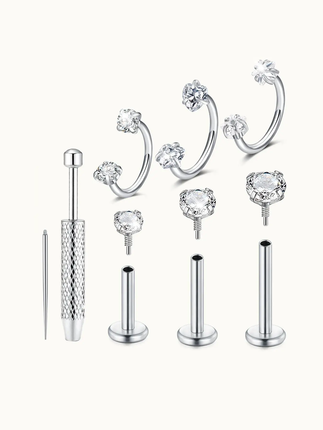 18G Stainless Steel Horseshoe Nose Ring and Flat-Back Stud Earring Set Body Jewelry for Women and Men, Hypoallergenic Surgical Steel Tragus Helix Cartilage Conch Piercing Jewelry with Piercing Ball Grabber Tool