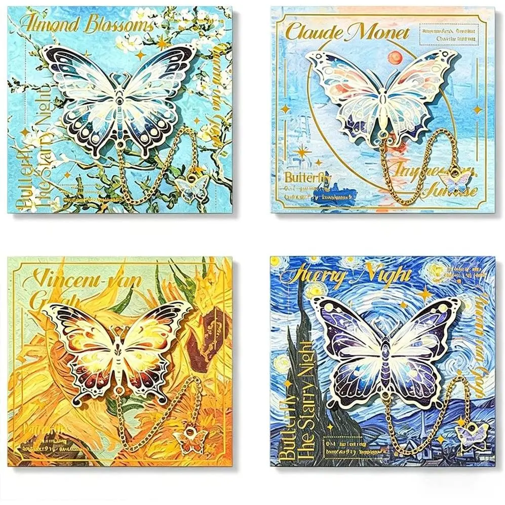 4 count Golden Metal Butterfly Bookmarks with Chain, Art Oil Painting Scenery Bookmarks, Colorful Butterfly Book Marks Gifts for Book Lovers, Readers