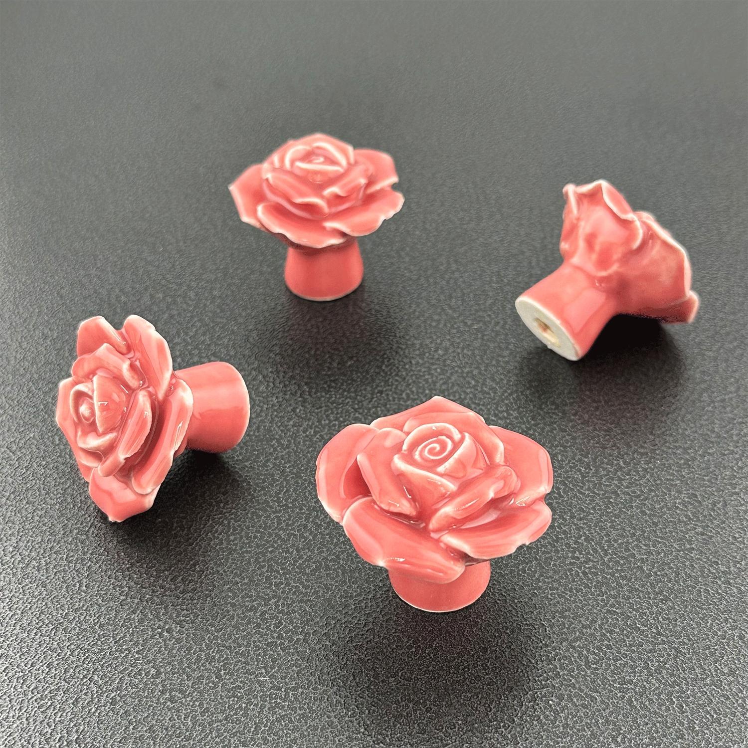 4 Pack Pink Rose Ceramic Cabinet Knobs – Decorative Floral Drawer Pulls with Mounting Screws, Elegant 3D Rose Shaped Knobs for Kitchen Cabinets, Bathroom Vanities, Dressers, Wardrobes, Nightstands, Bookcases and Home Improvement Projects