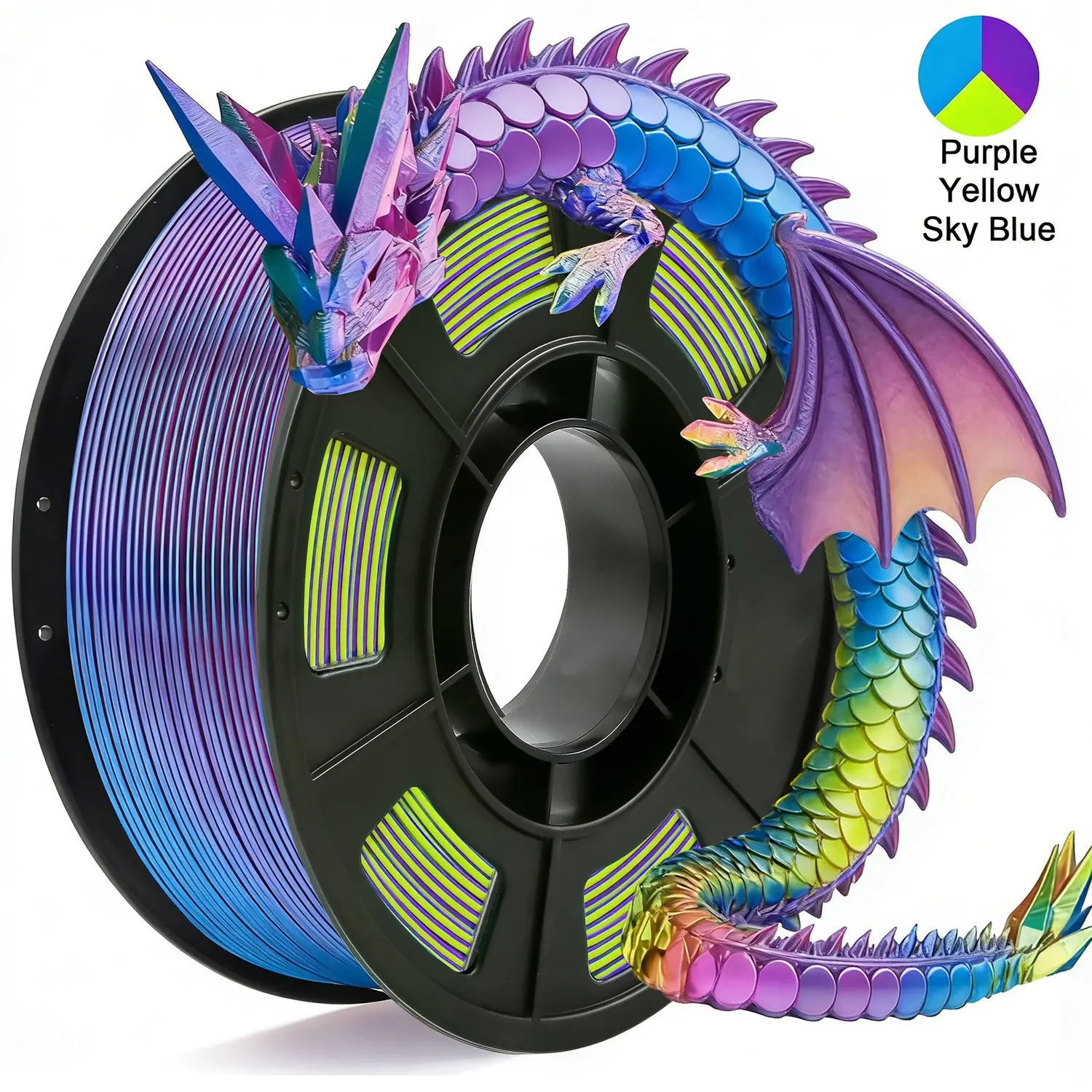 Tricolor Silk PLA 3D Printer Filament, 1.75mm Multicolor 3D Printing Filament, Purple&Sky Blue&Yellow Filament, 250g (0.55lbs)