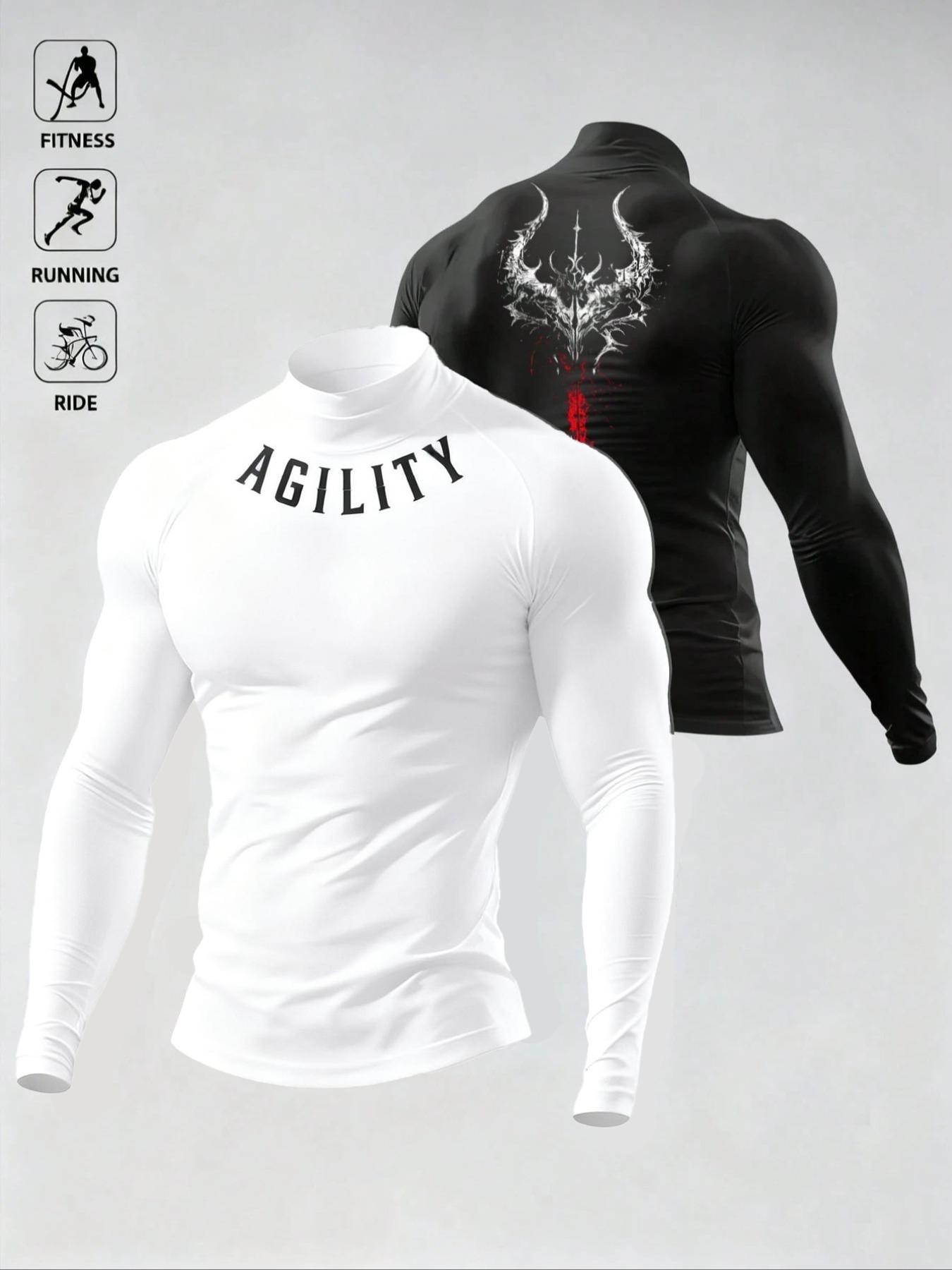 Men's Breathable Fitted Long Sleeve Compression Sports T-Shirt with High Neck Design, Fitness Long Sleeve T-Shirt