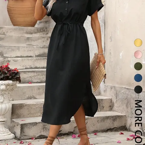 1 piece Women's Summer Short Sleeve Collared Midi Dress, Drawstring Waist, Adjustable Waist Dress, Casual Dresses, Fit, Casual Street Style Minimalist Fashion for Everyday Looks, Beach Summer Dress, Beach Holiday Dress, Womenswear