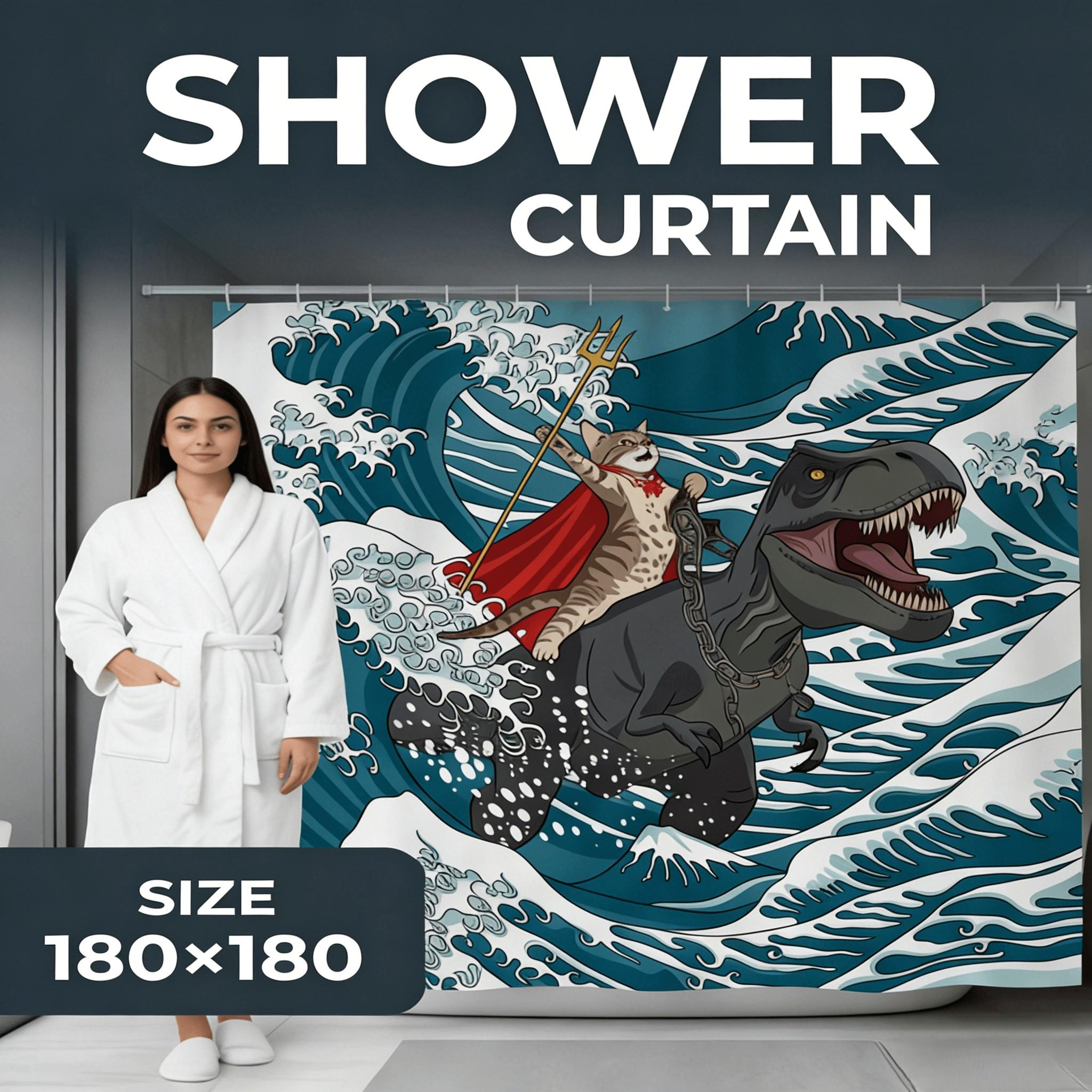 Funny Cat Dinosaur Shower Curtain, Ukiyo-e Japanese Wave with Super Cat Riding Tyrannosaurus, 72" x 72" Durable Mildew Resistant Bath Curtain Set