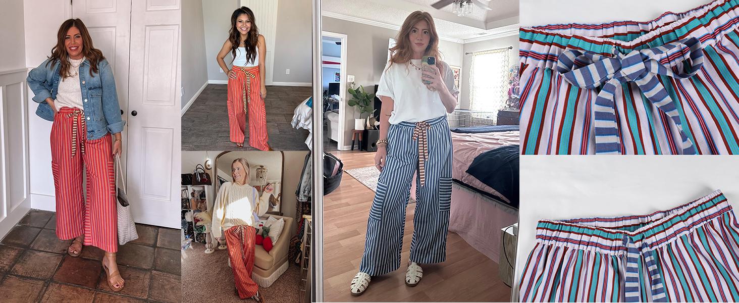 JovenPara Women's Drawstring Striped Wideleg Lounge Pants with Pockets Casual Bohemian Palazzo Trousers for Daily Wear Blue Boho Womenswear Bottom