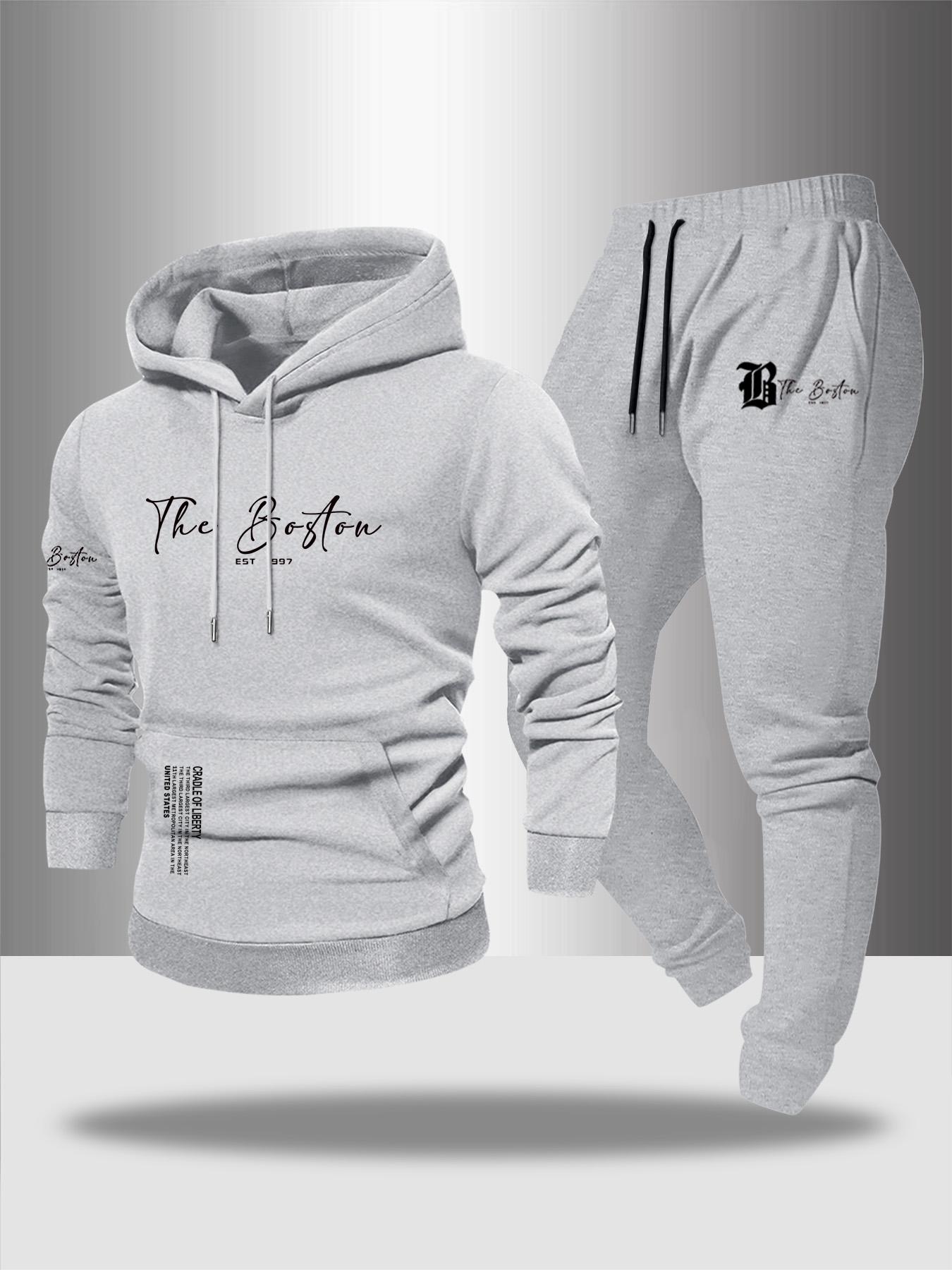 Men's Fall Winter Casual Two-Piece Set, Hooded Sweatshirt & Drawstring Waist Pants, Thicken Fabric, Fitted Style, Letter Print Design