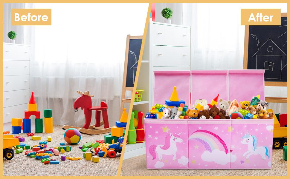 Unicorn Extra Large Toy Box Chest with Flip Lid for Kids, Collapsible Oxford Toy Storage Box with Handles Mesh Pockets, Sturdy Waterproof Toy Box for Bedroom Playroom, 37.7×12.5×15.7 Inch