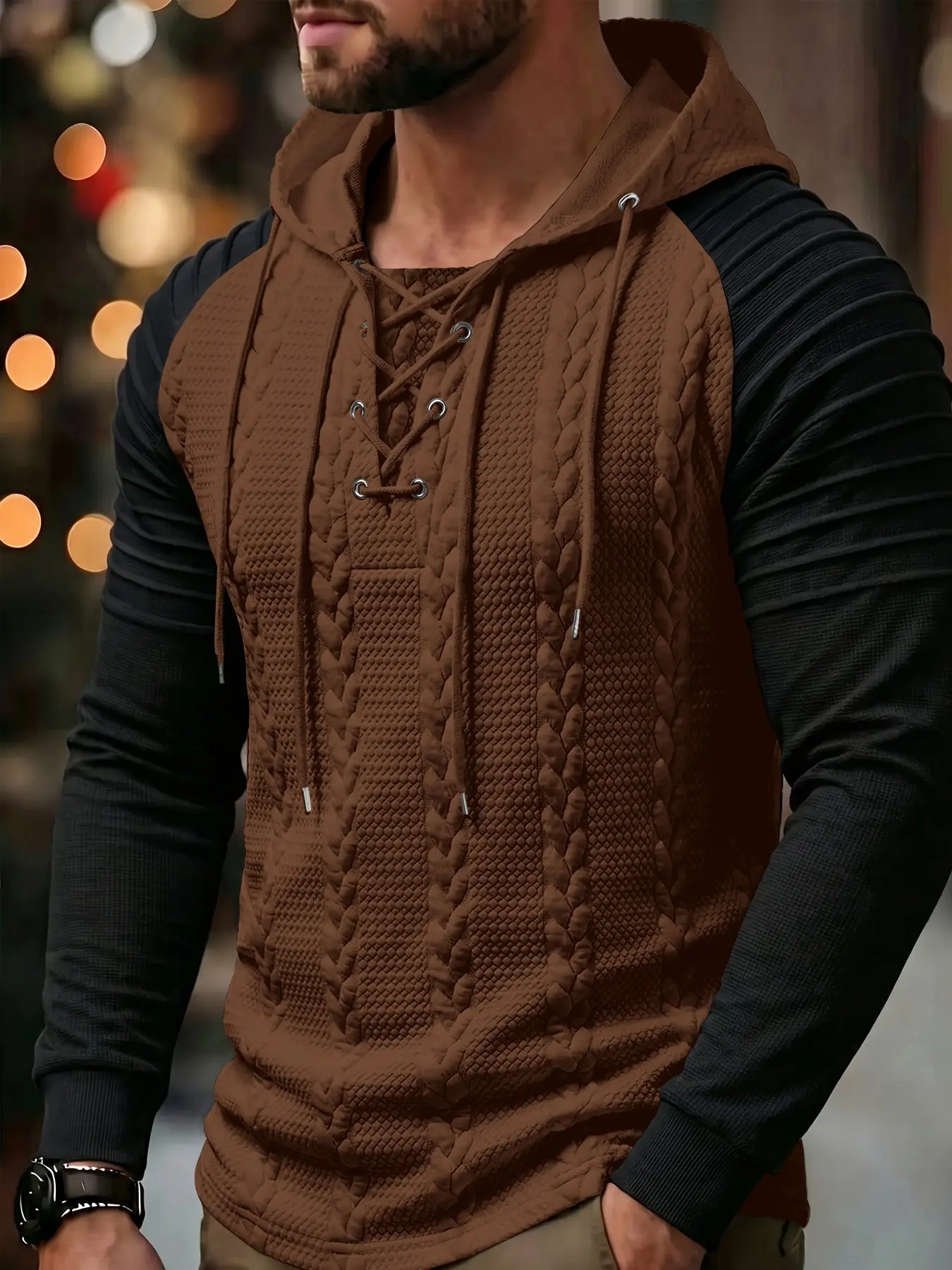 Men's Knitted Hoodie with Cross-Buckle Design, Long Sleeve Casual Top, Ideal for Daily Wear & Outdoor Activities
