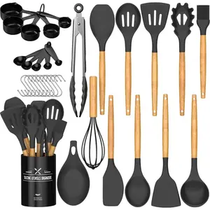 Silicone Kitchen Cooking Utensils Set, 33 PACKS Non-Stick Utensils Spatula Set with Holder, Black Wooden Handle Silicone Kitchen Gadgets