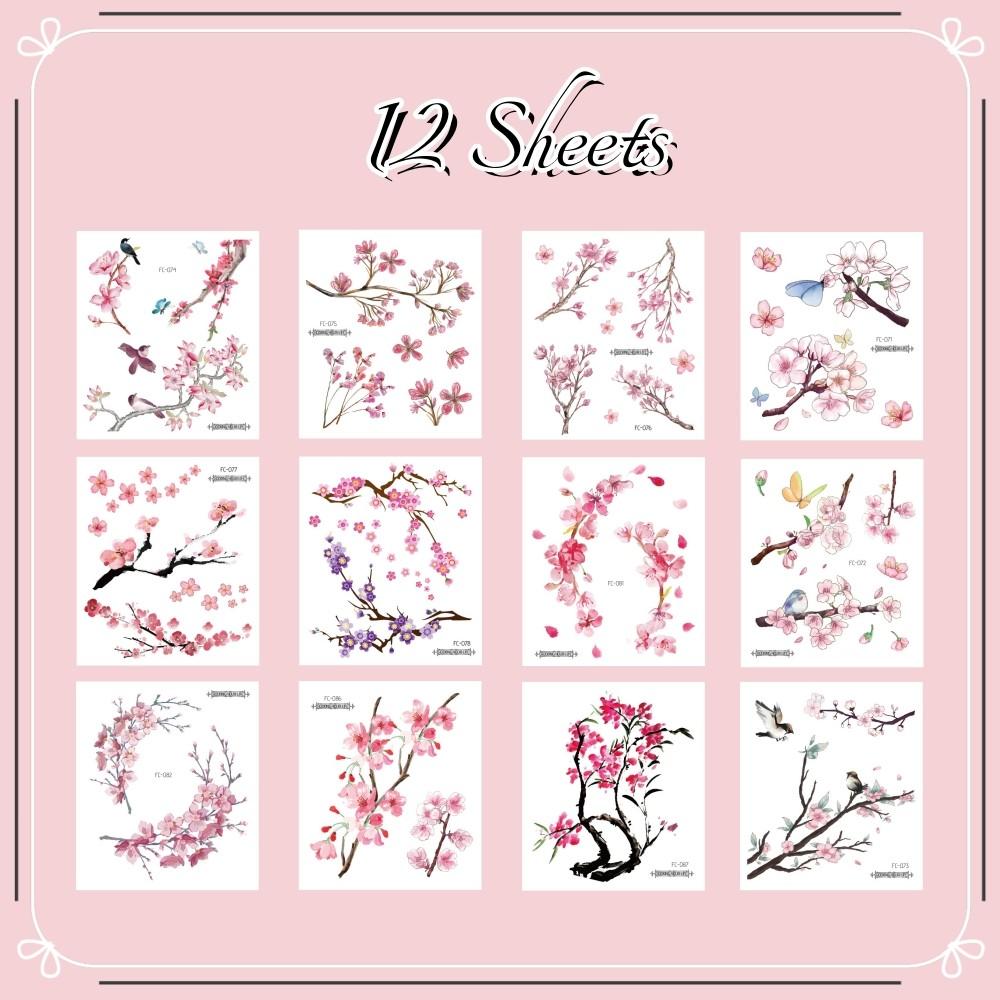 12Pcs Waterproof Sweatproof Temporary Tattoo Stickers, Cherry Blossom Butterfly Bird Branch Patterns, Sexy Cute Body Art Decals, Long Lasting 2-5 Days Body Decor for Festival Party Travel, Fit for Arm Shoulder Back Abdomen